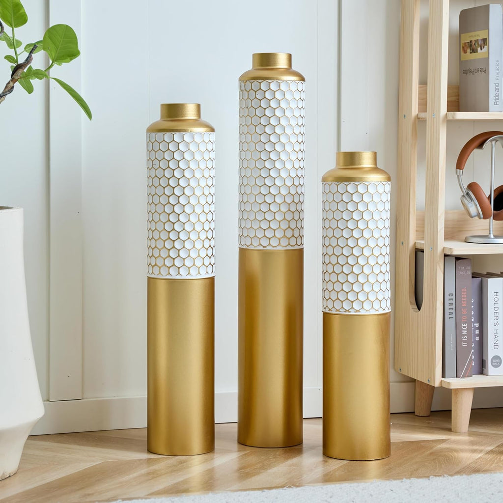 Floor Metal Vase Modern Style Decoration Home, Metal Vase 3-Piece Set for Living Room, Entryway & Office Decor, Rustproof Tall Standing Home Décor (Gold+White Hexagon)