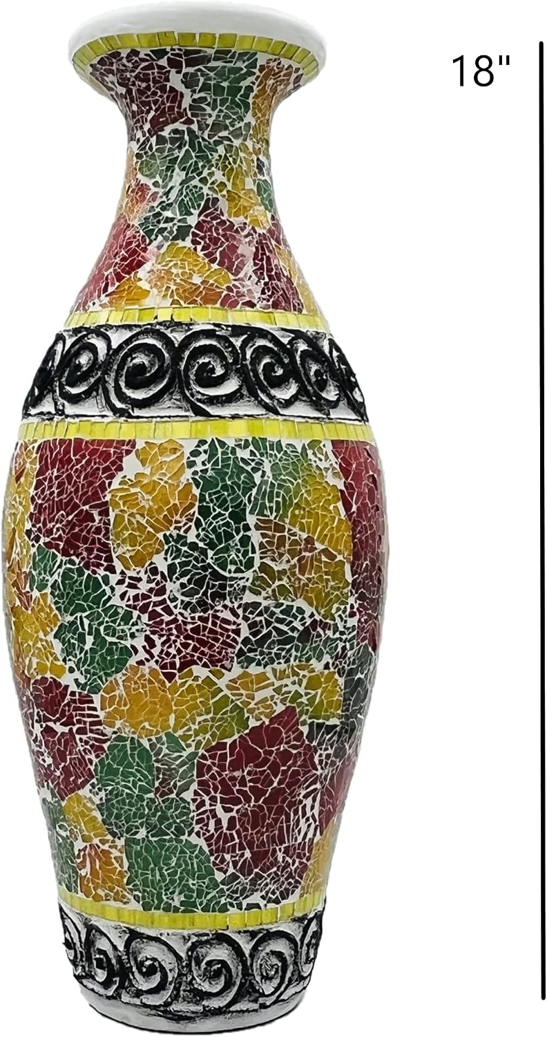 Floor Vase, 18 Inch Mosaic Vase – Tall Cylinder Made of Terracotta with Red and Green Multicolored Glass Mosaic Pieces – Handcrafted Decorative Home Décor Accent Piece for Bedroom, Living Room