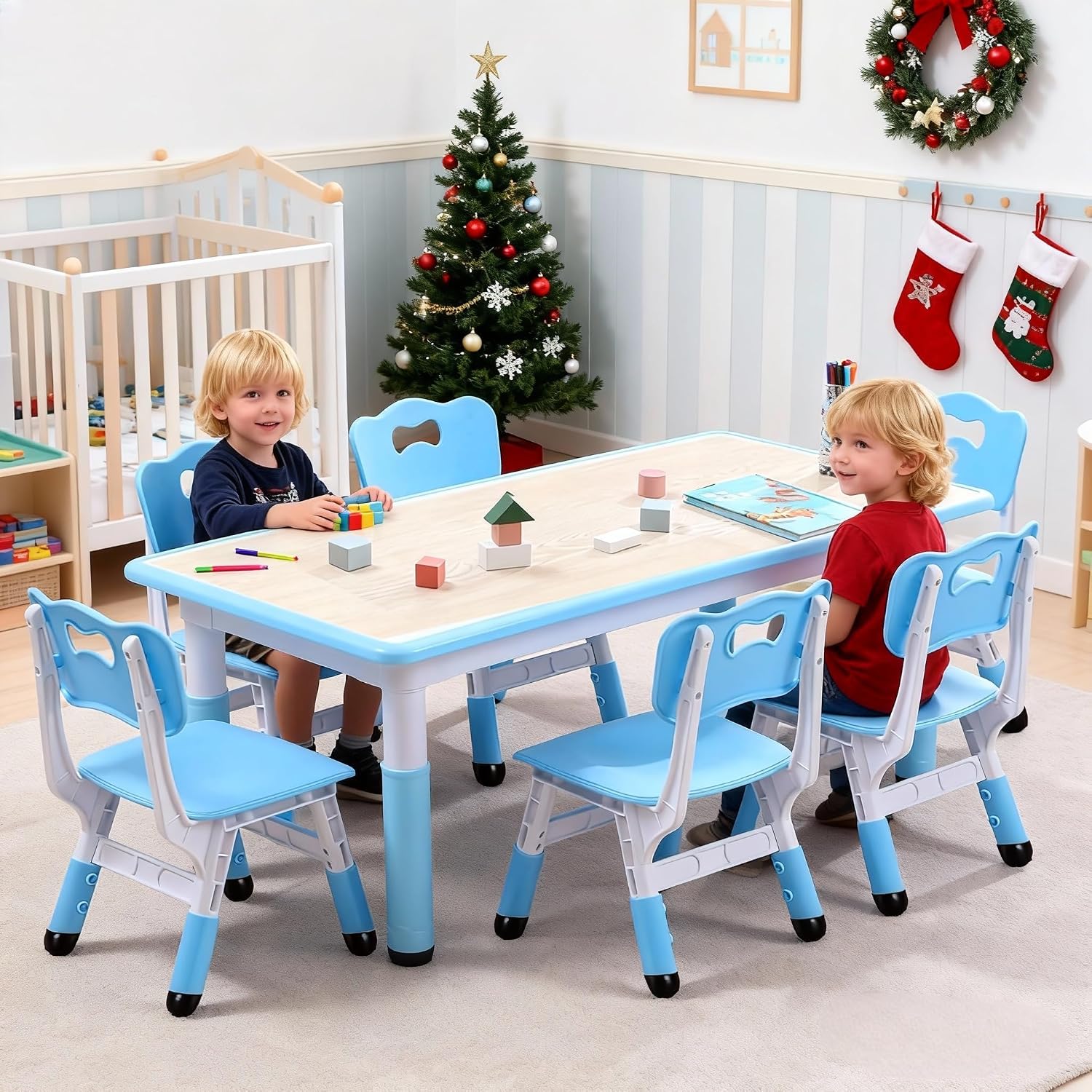 Garvee Kids Table and 6 Chair Set,47 in Modern Height Adjustable Toddler Table and 6 Chairs Set with Non-Slip Desk Legs&Organizer Graffiti Desktop,Preschool Activity Art Craft Tables for 6(Blue)