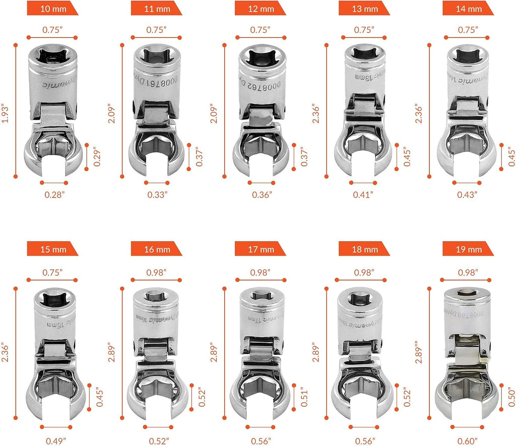 Dynamic 3/8' Drive 17 Piece Metric (10-19 mm) and SAE (3/8' - 3/4') Flare Nut Socket Set