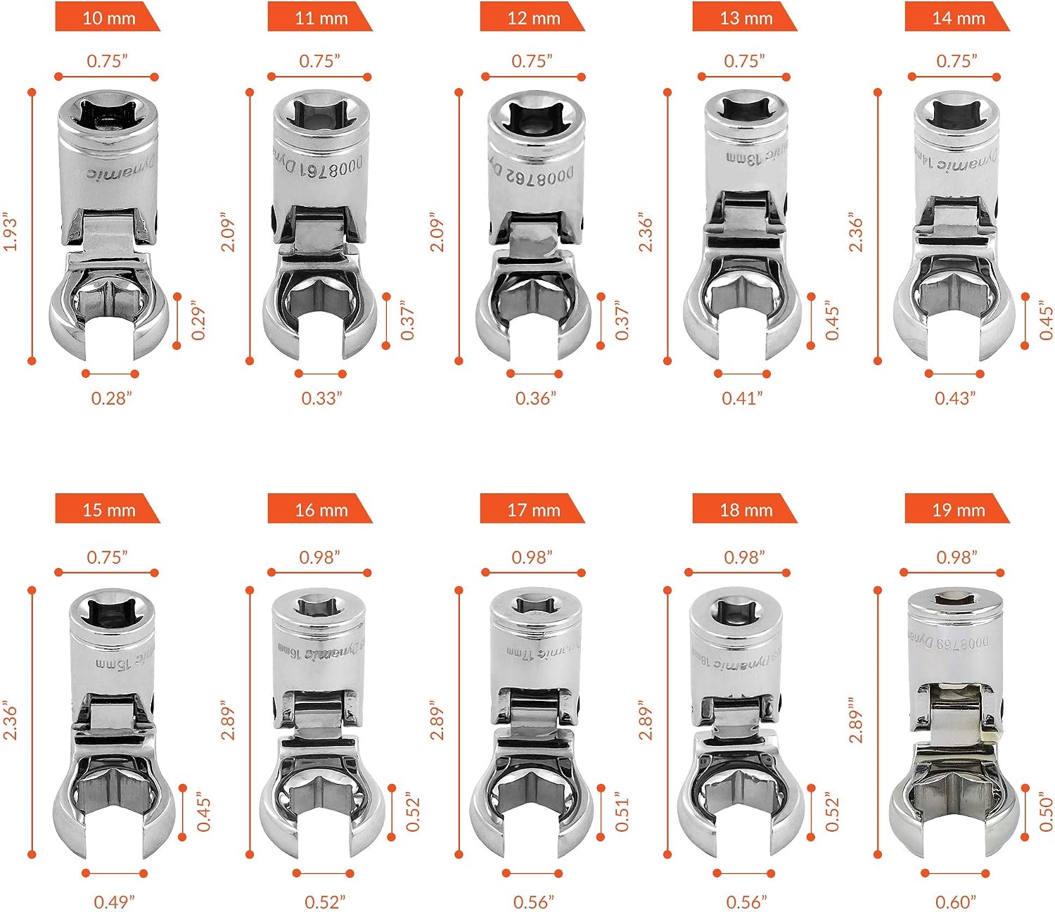 Dynamic 3/8' Drive 17 Piece Metric (10-19 mm) and SAE (3/8' - 3/4') Flare Nut Socket Set
