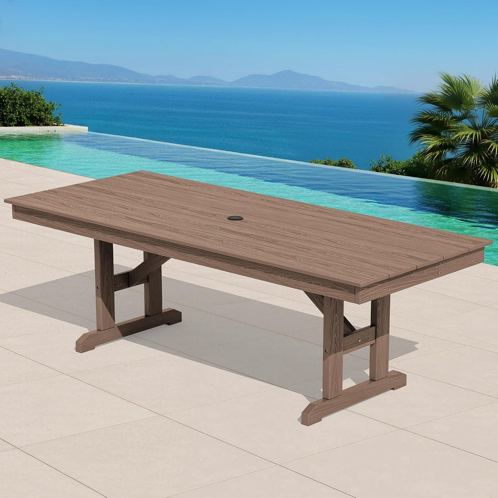 SERWALL Outdoor Dining Table, 84' Rectangular Dining Table for 6-10 Person, All Weather HDPE Patio Dining Table with Umbrella Hole for Backyard, Garden, Brown