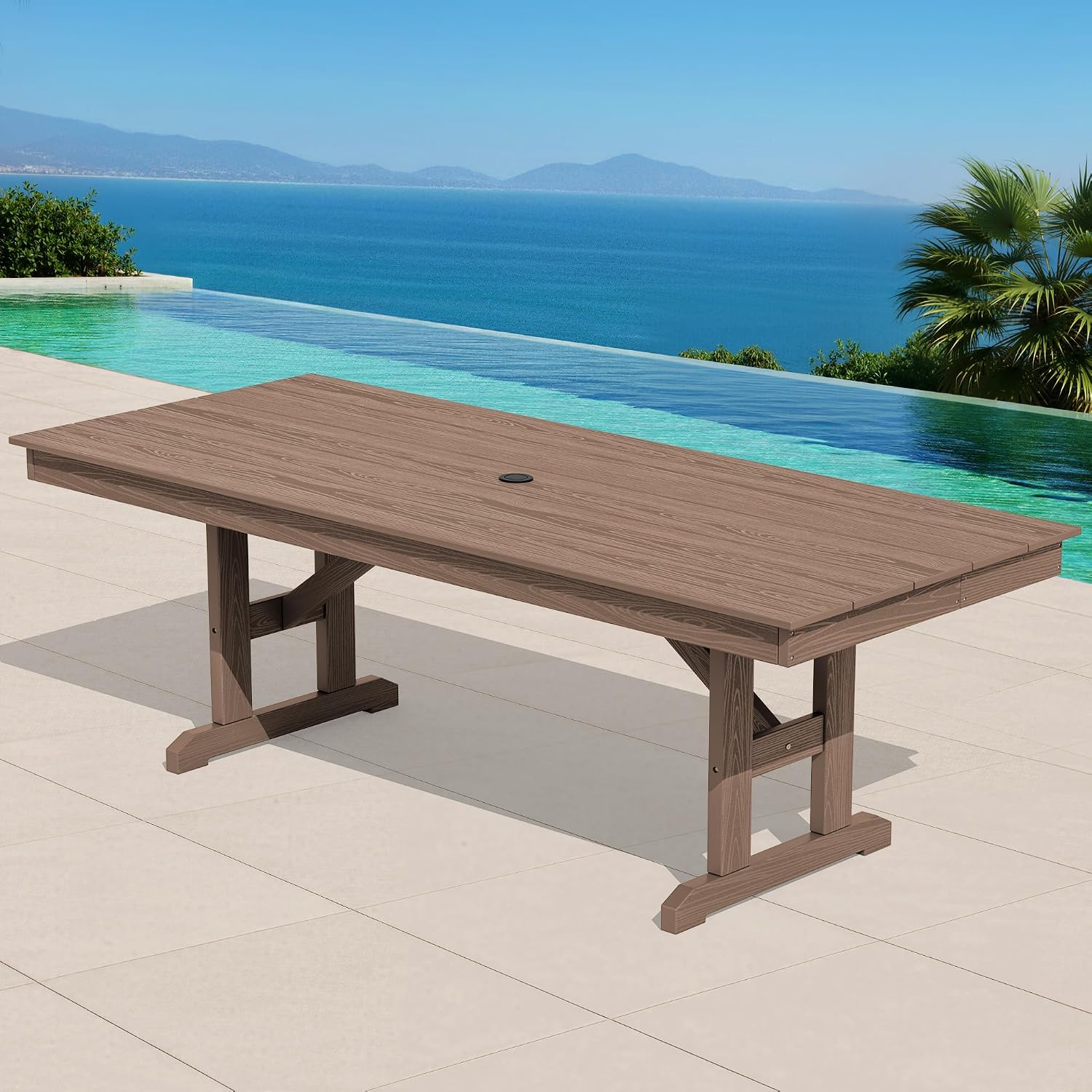 SERWALL Outdoor Dining Table, 84' Rectangular Dining Table for 6-10 Person, All Weather HDPE Patio Dining Table with Umbrella Hole for Backyard, Garden, Brown