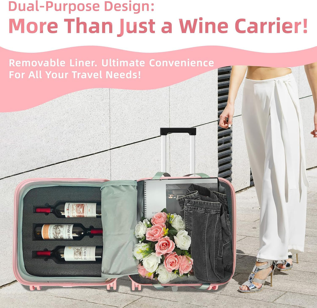 Wine Suitcase - 6 Bottle Travel Case with TSA Lock, Removable Inserts and Silent Spinner Wheels