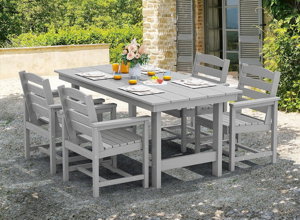 SERWALL 8-Piece Patio Dining Sets with 15FT Double Side Patio Umbrella, Outdoor HDPE Dining Furniture Set with Umbrella Hole Cut-Out Table and 6 Chairs, Light Gray（Umbreall Base not Included）