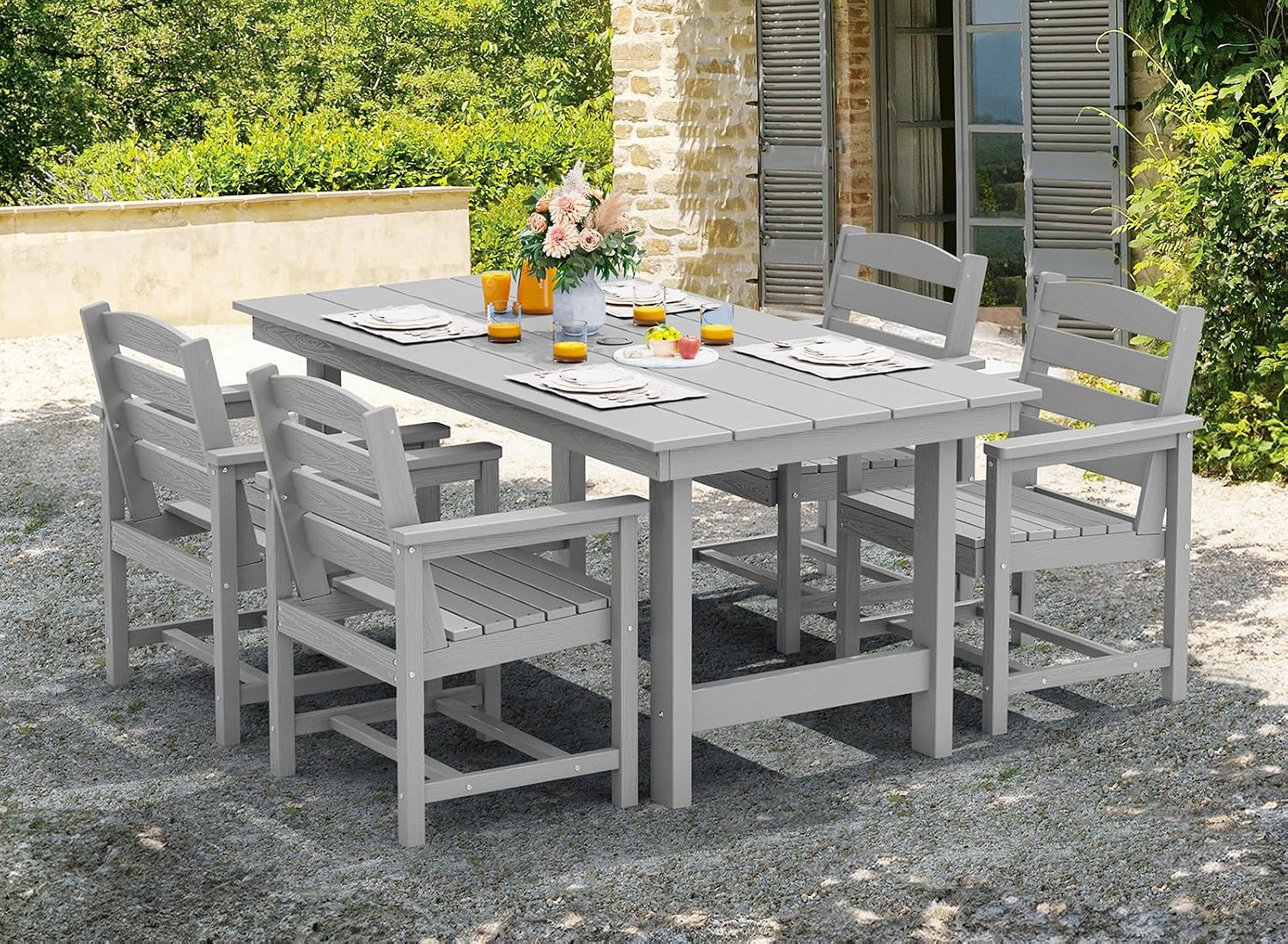 SERWALL 8-Piece Patio Dining Sets with 15FT Double Side Patio Umbrella, Outdoor HDPE Dining Furniture Set with Umbrella Hole Cut-Out Table and 6 Chairs, Light Gray（Umbreall Base not Included）