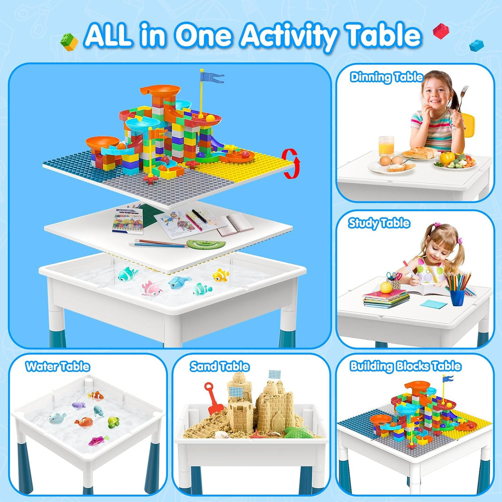 OCATO Toddlers Kids Table and 4 Chairs Set: Activity Table with 152Pcs Large Marble Run Building Blocks Storage All in One Play Sensory Water Tables Sand Tables for Boys Girls 3 4 5 6 Year Old