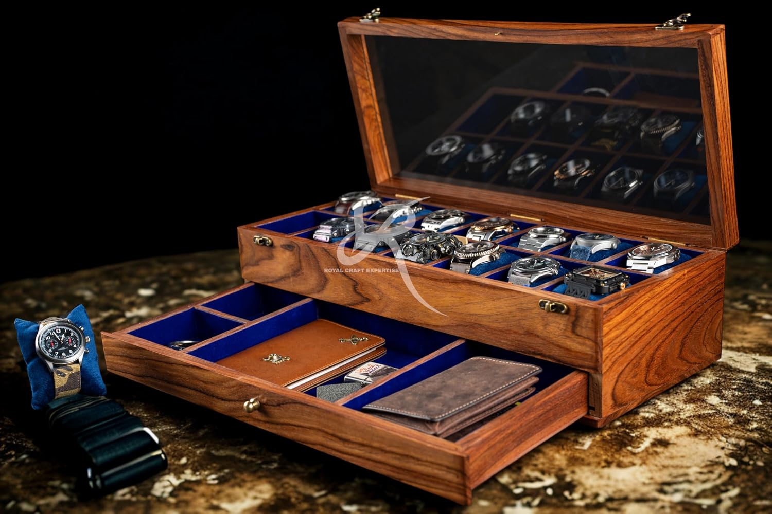 Royal Craft Expertise® 14-Slot Premium Wooden Watch Box with Drawer – Luxury Watch Organizer for Men | Handcrafted Rosewood Case with Velvet Lining | Large Capacity for Collectors - Best Gift for him