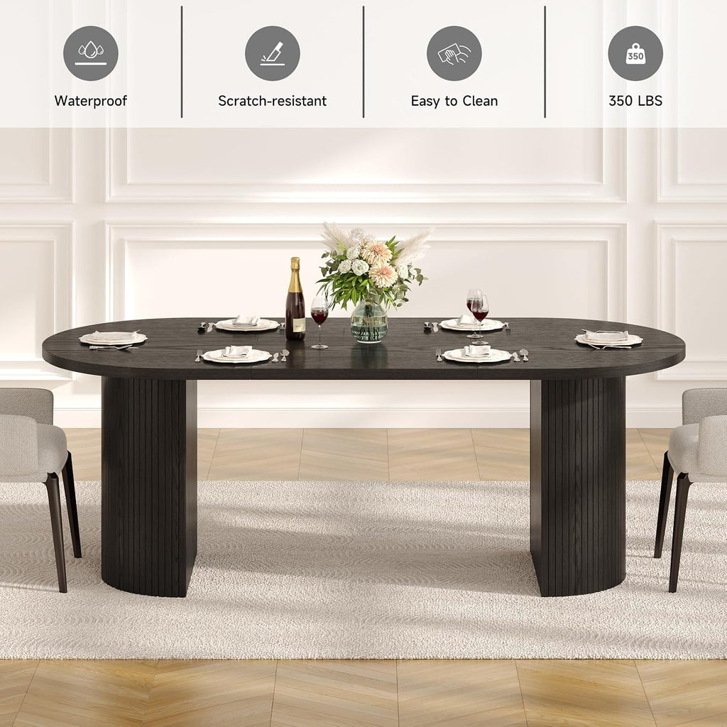 ONBRILL 70.8 Inch Dining Table for 4-6, Oval Dining Room Table with Curved Fluted Wood Strip Base, Mid-Century Modern Kitchen Tables with Footpads, Dinner Tables for Living Room, Dining Room, Black