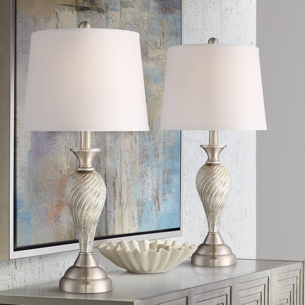 Regency Hill Arden 25' High Modern 3-Way Table Lamps Set of 2 with Dimmers Silver Brushed Nickel Finish Mercury Glass White Shade Living Room Bedroom Bedside Nightstand House Office