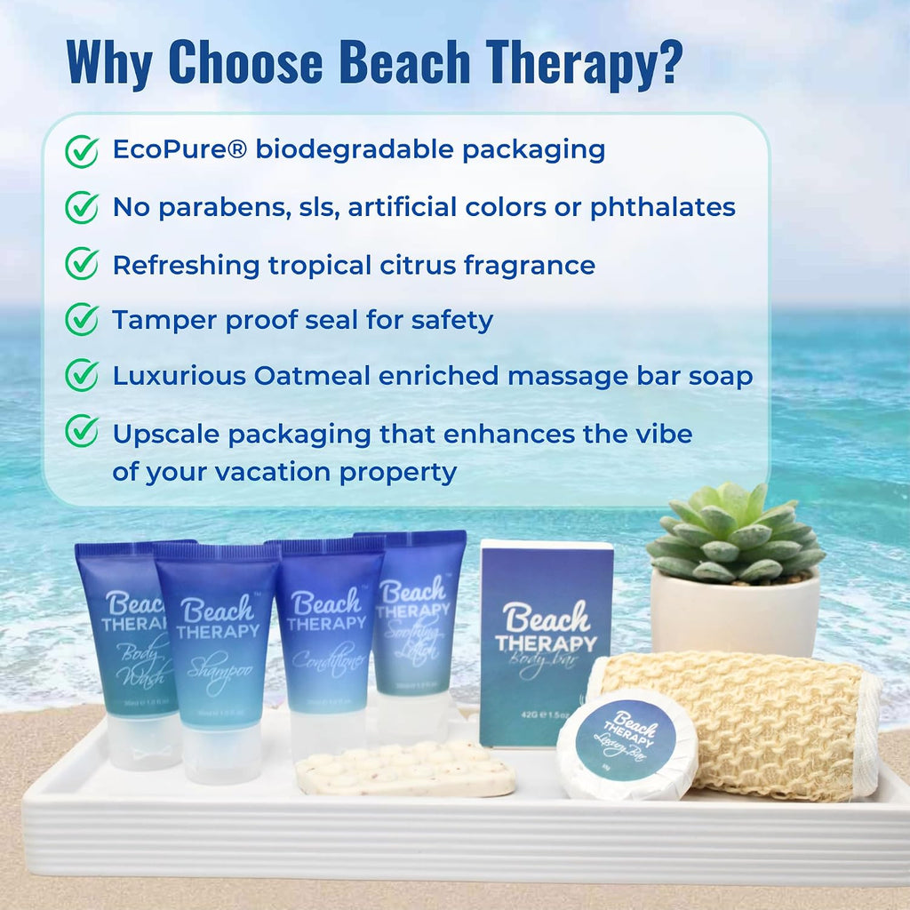Beach Therapy - Complete Hotel Toiletry kits with 1oz Travel Size Shampoo, Conditioner, Body Wash, Lotion, and 2 Hotel Soaps. Air BnB Essentials - Rental Ready Kit (120 Piece)