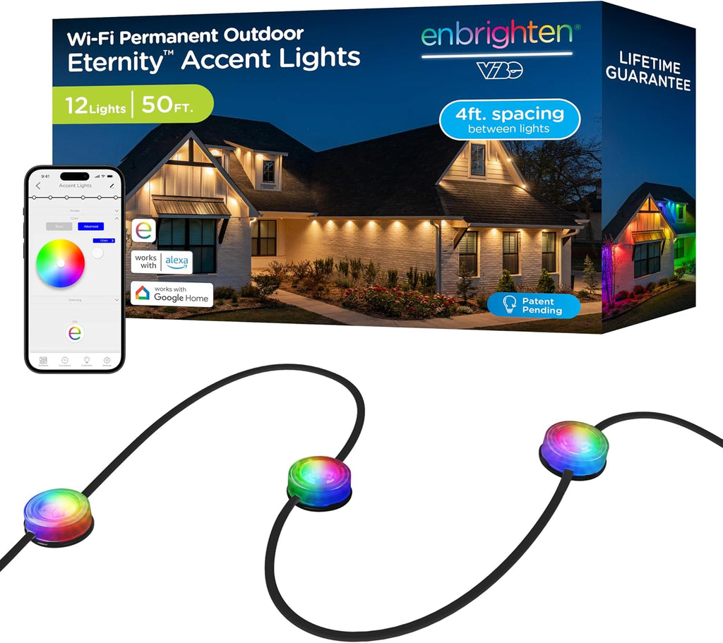 Enbrighten Eternity Accent Permanent Outdoor Lights, 50ft with 12 RGBWIC LED Lights, App‑Controlled, Cuttable, Christmas, Accent & Year‑Round Eave Lighting, Compatible with Alexa & Google Home, 85710