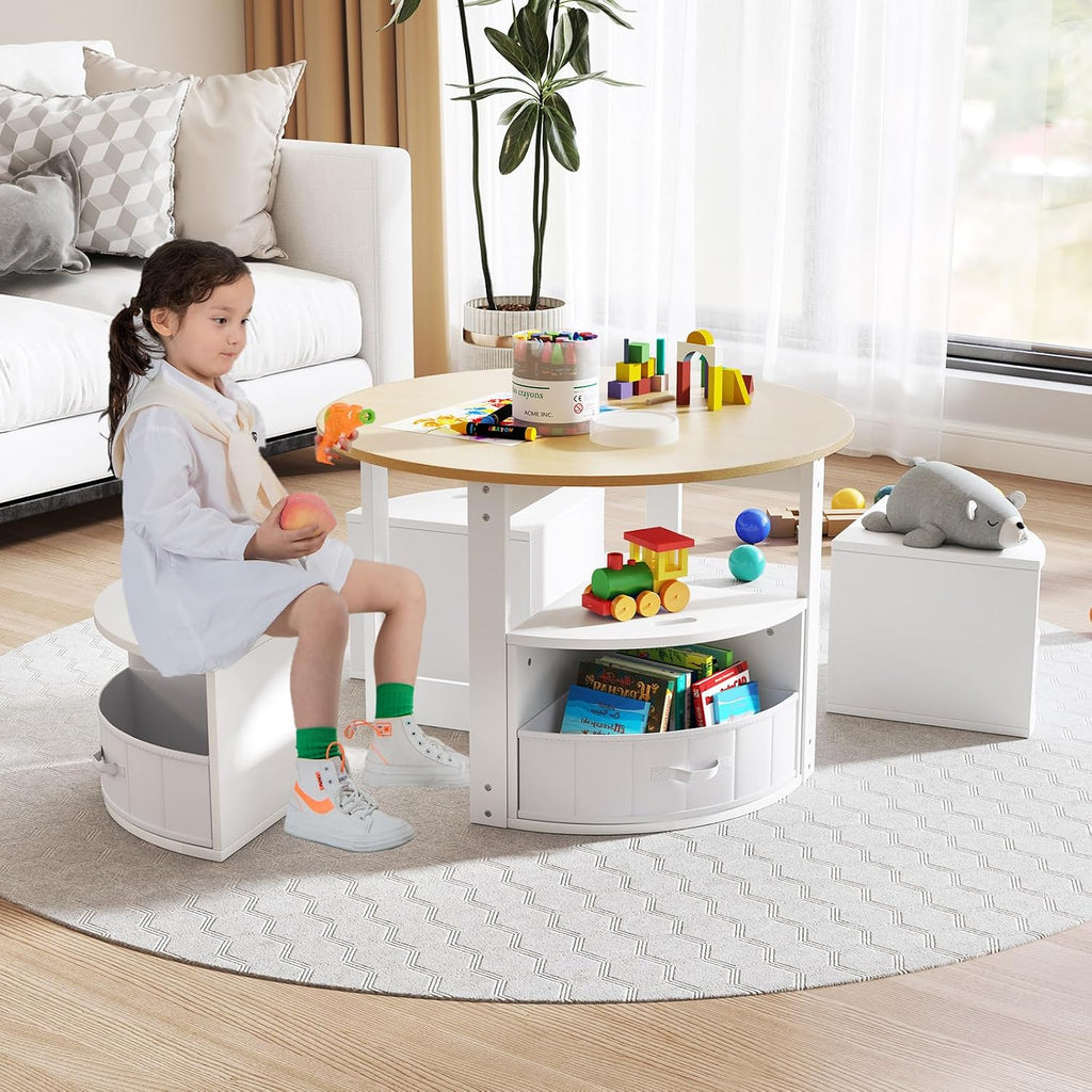 HONEY JOY Kids Table and Chair Set, Children Activity Play Table with 4 Storage Stools for Art Craft, Nesting Design Toddler Table and Chair Set for Playroom, Daycare, Gift for Boys Girls (Natural)