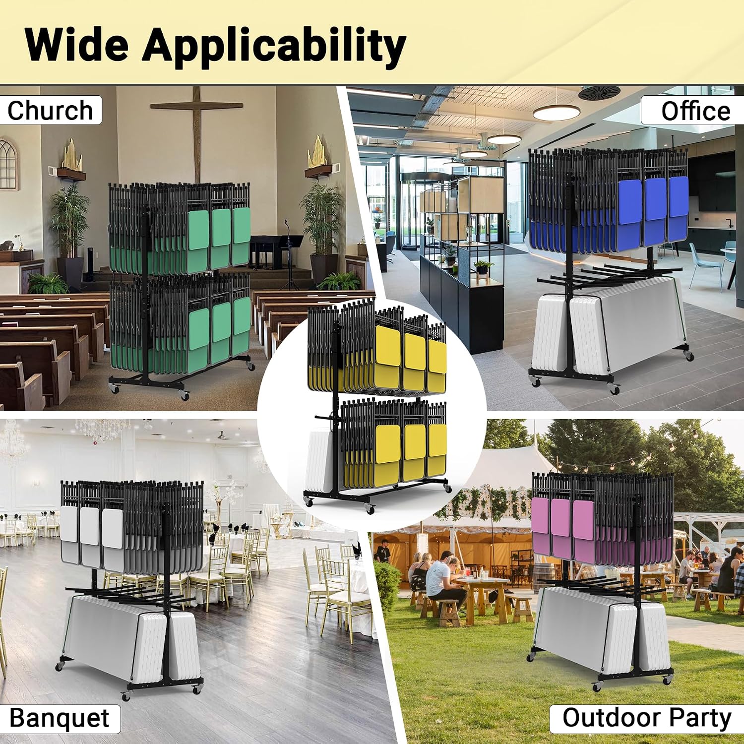 Updated Folding Chair Rack, Heavy-Duty Folding Chair Cart w/ 4 Swivel Wheels, Holds 12 Tables or 84 Chairs, Up to 1000 LBS Capacity, 2 Binding Ropes, 1 Dust Cover, 72'L x 33'W x 74'H, Black