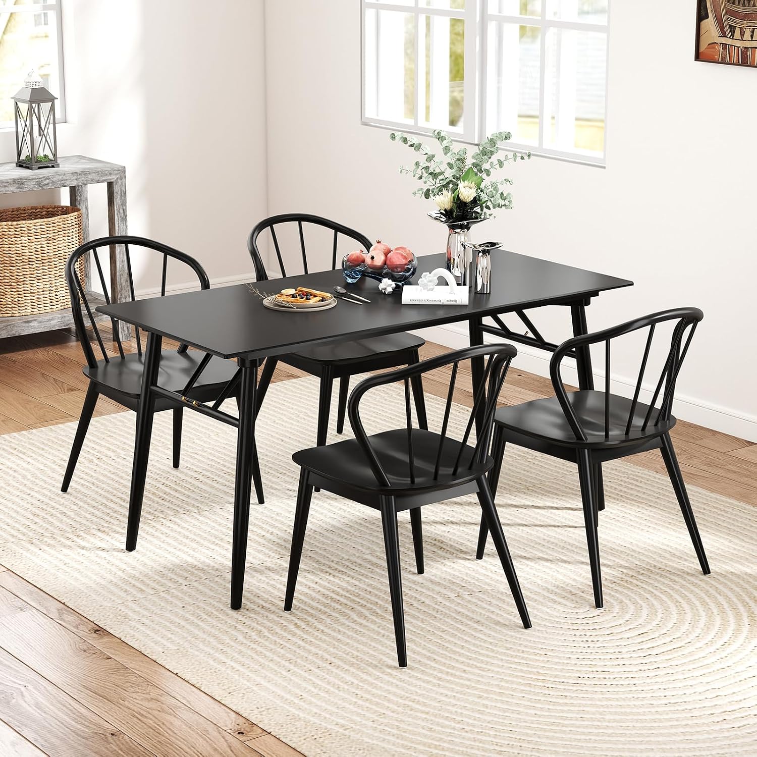 Giantex Wooden Dining Chairs Set of 2, Black Windsor Kitchen Chair w/High Spindle Back & Rubber Wood Legs, Wide Seat & Curved Backrest, Farmhouse Side Chairs, Armless Accent Chair for Home Restaurant