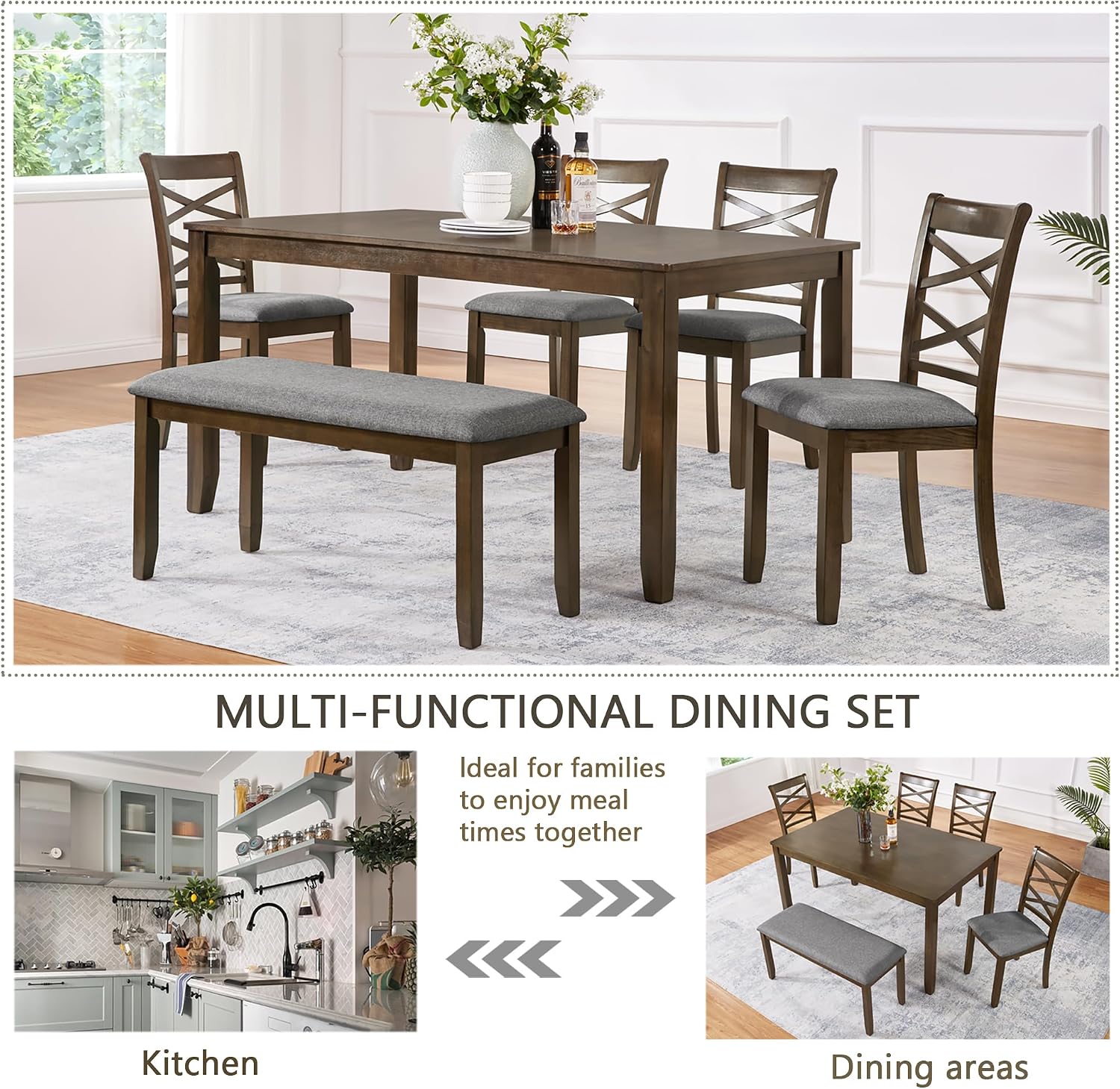 KEIKI 6-Piece Standard Height Dining Table Set with Rectangular Table, 4 Upholstered Cross Backrset Chair, Bench, for 6 Person, Modern Style Table Set, Easy Assembly, for Kitchen, Dining Room, Walnut