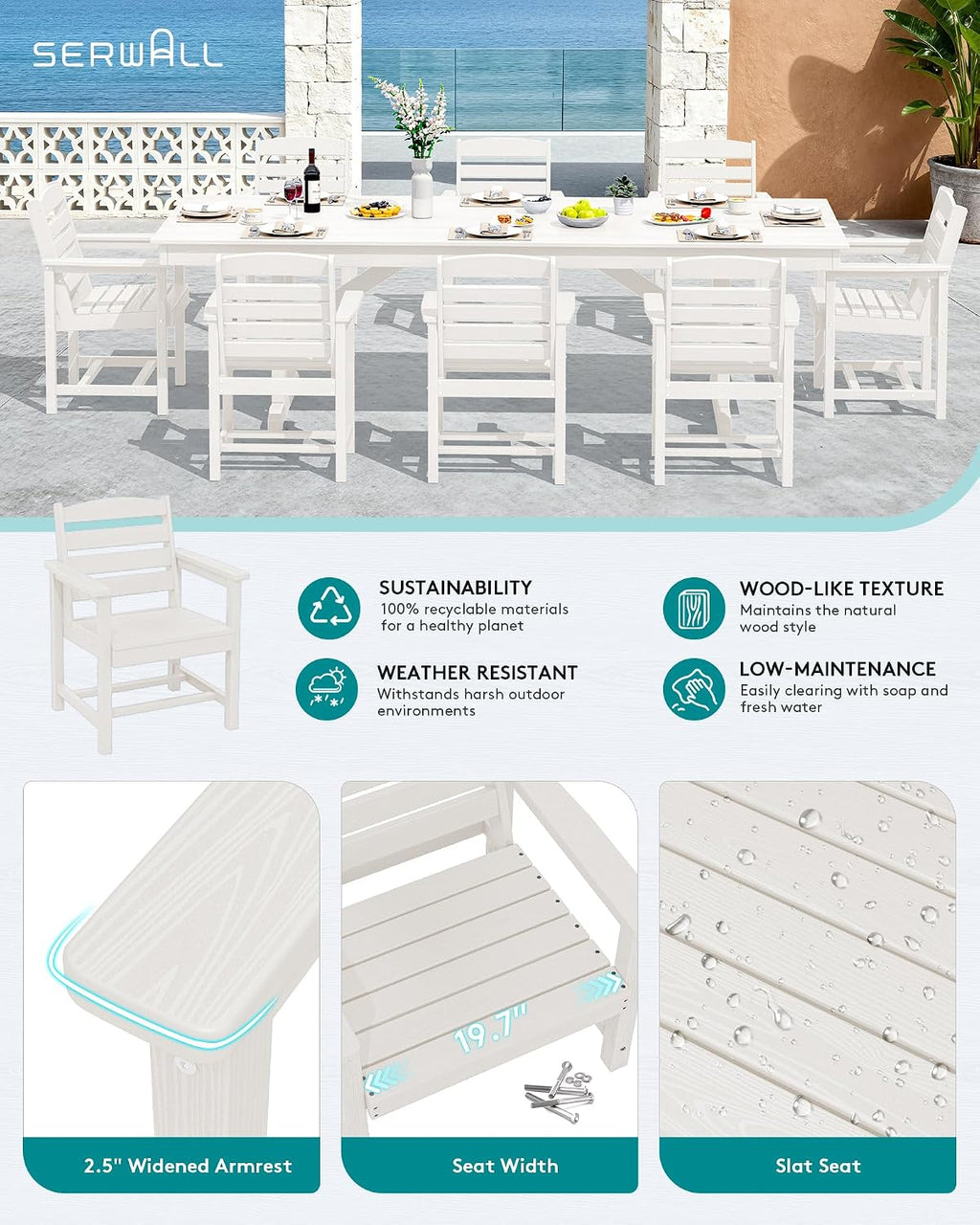 SERWALL Outdoor Dining Chairs Set of 4, All-Weather HDPE Patio Dining Chair with 19.7' Widened Seat, for Backyard, Garden, White