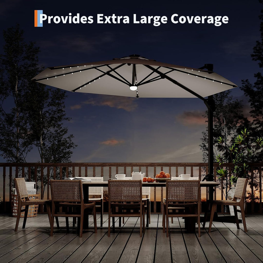 Garvee 10 ft Cantilever Patio Umbrella with Solar Lights, 360° Rotation Offset Umbrella, Easy Crank & Tilt Adjustment, UV Protection for Backyard, Poolside, Deck -Gray