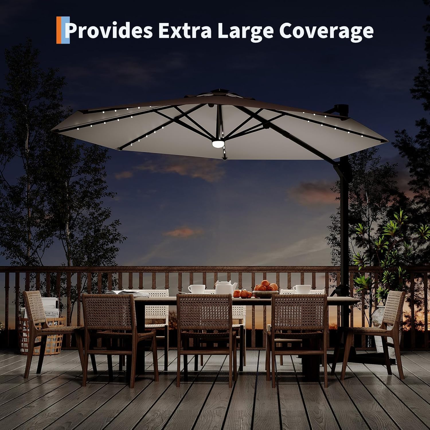 Garvee 10 ft Cantilever Patio Umbrella with Solar Lights, 360° Rotation Offset Umbrella, Easy Crank & Tilt Adjustment, UV Protection for Backyard, Poolside, Deck -Gray