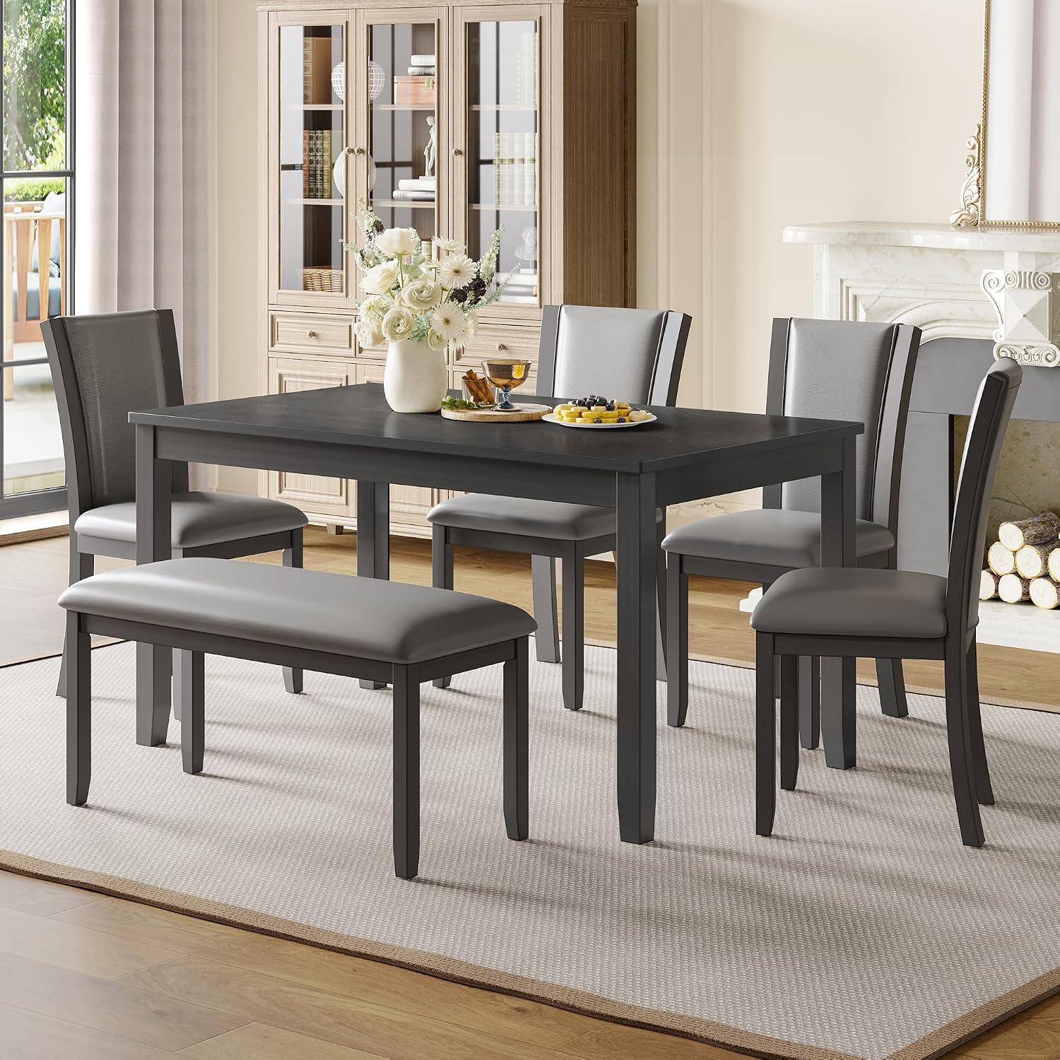 KEIKI 6-Piece Standard Height Dining Table Set with Rectangular Table, 4 Upholstered Chair, Bench, for 6 Person, Farmhouse Rustic Style Table Set, Easy Assembly, for Kitchen, Dining Room, Gray