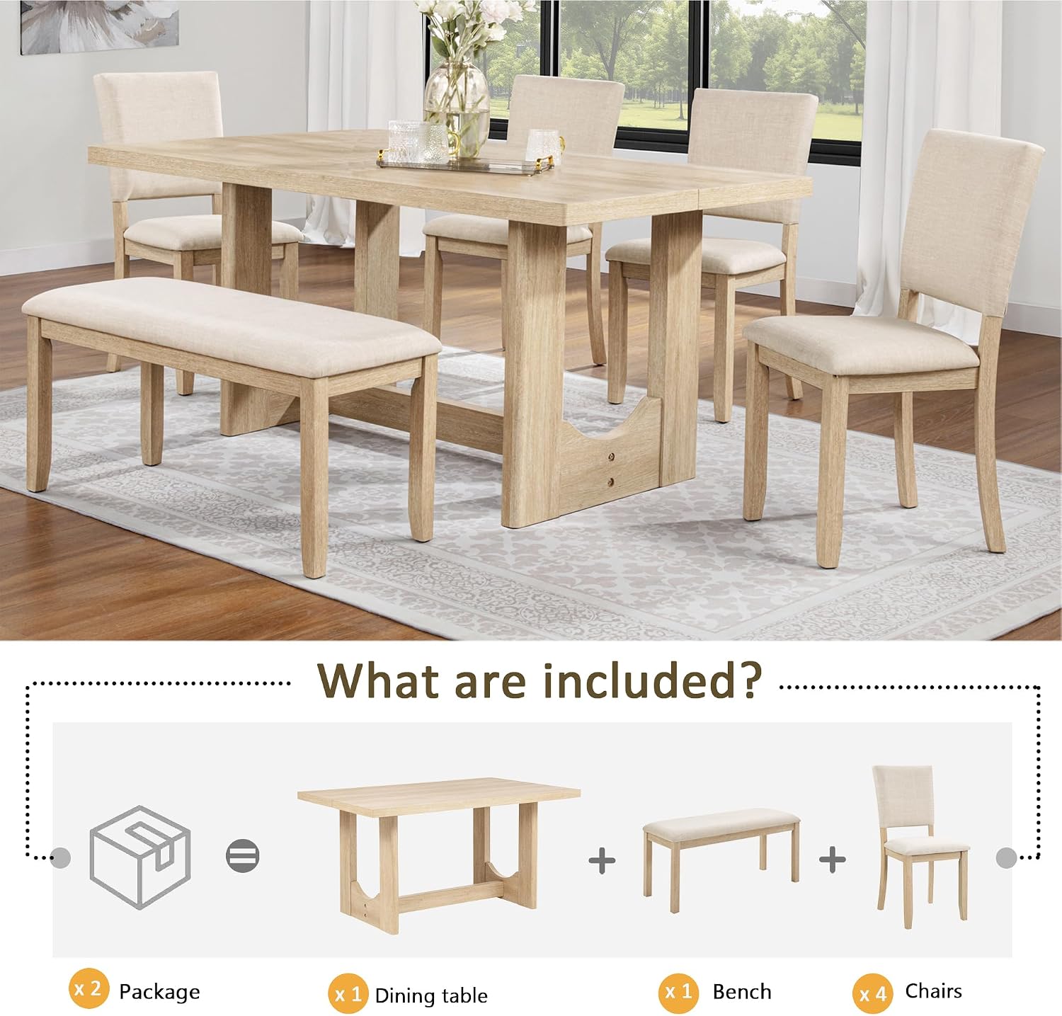 KEIKI 6-Piece Standard Height Dining Table Set with Rectangular Table, 4 Upholstered Curved Backrset Chair, Bench, for 6 Person, Modern Table Set, Easy Assembly, for Kitchen, Dining Room, Beige
