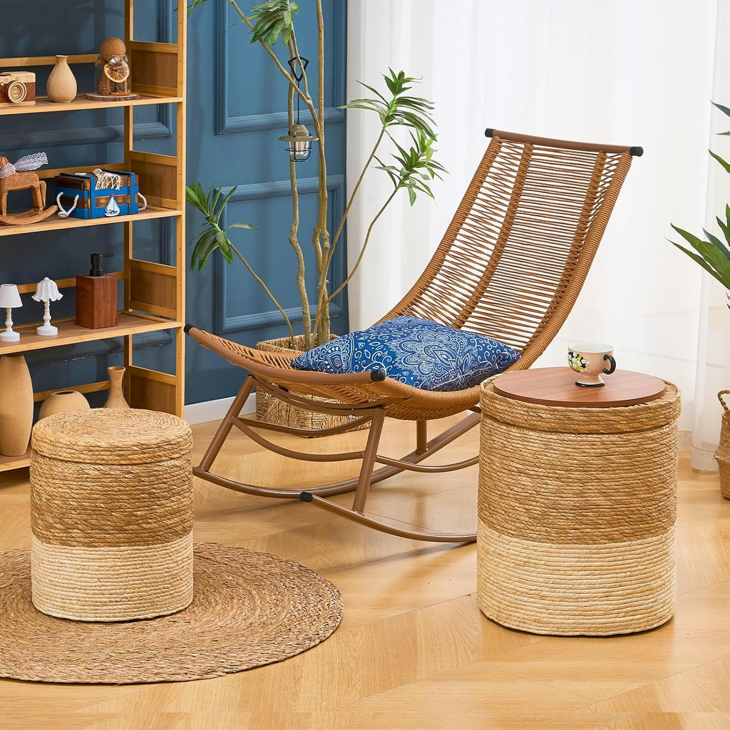 Wimarsbon Round Pouf Ottomans, Handwoven Natural Water Hyacinth Seagrass Pouffe,Outdoor Rattan Stool Accent Seat, Bohemian Coastal Home Decor (Cattail Nested Set-White)