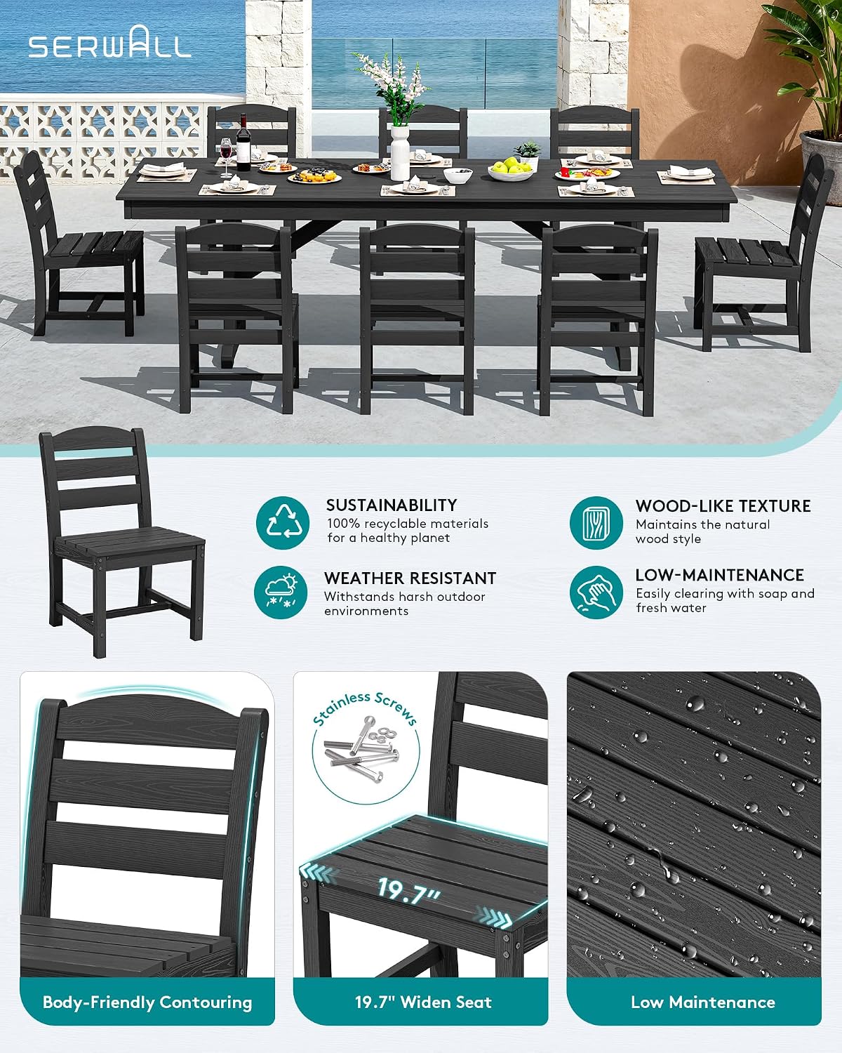 SERWALL 9 Piece Outdoor Dining Set, 84' HDPE Outdoor Table and Armless Chairs Set for 8，All Weather Patio Furniture Set with Umbrella Hole for Backyard, Garden, Black