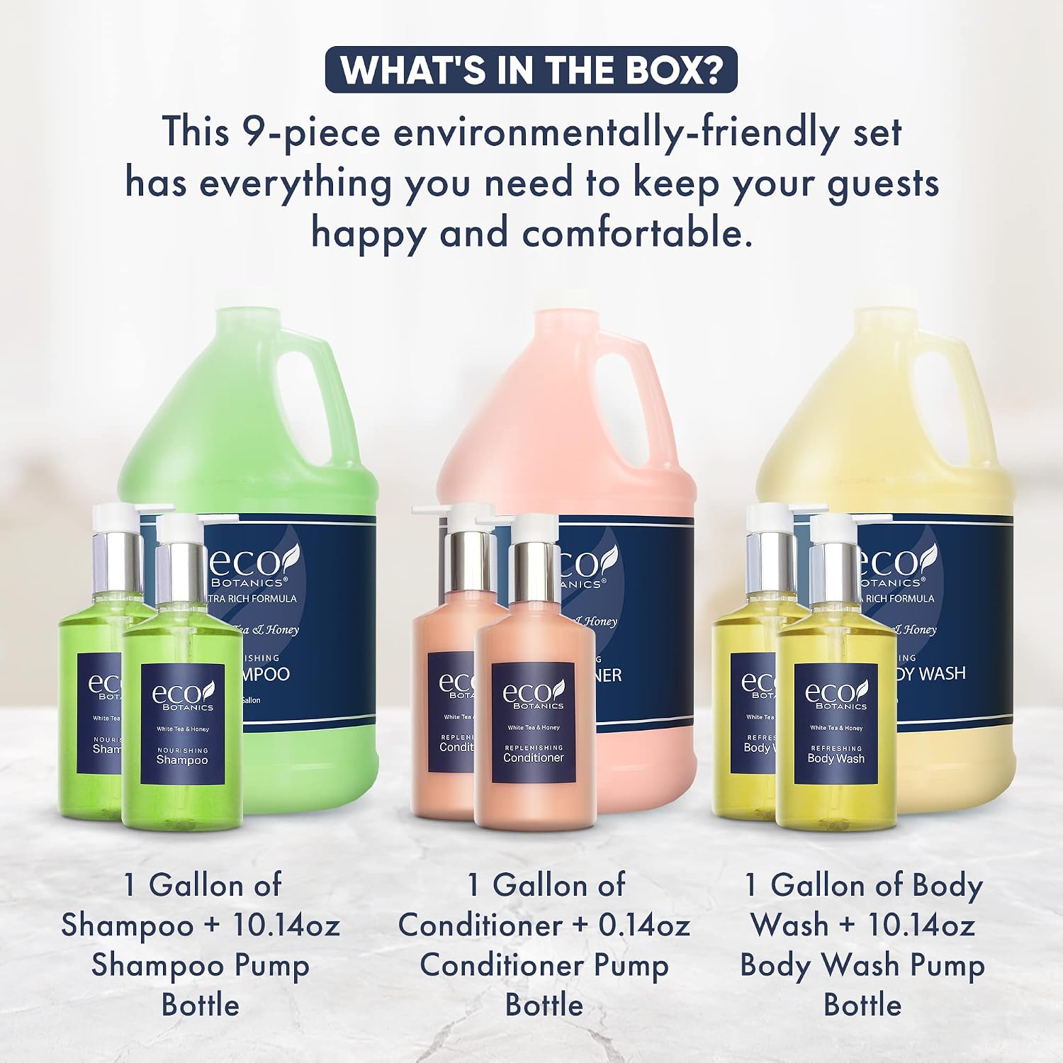 Terra Pure | Eco Botanics Gallon & Dispenser Set | 1-Shoppe Hotel Amenities Kit | Shampoo, Conditioner, Body Wash Gallon | Refillable 10.14oz Matching Pump Bottles