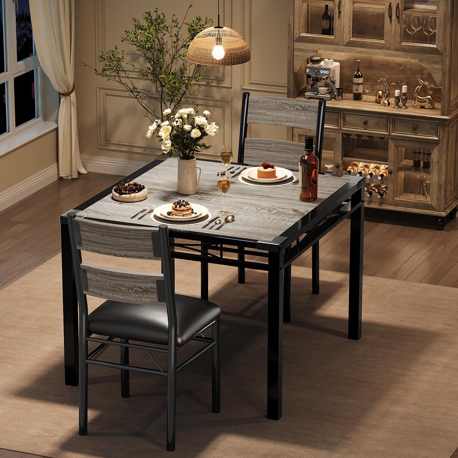 IDEALHOUSE Dining Table Set for 2 with Corner Protector, Dining Room Table Set for 2 with Upholstered Chairs, Wood Kitchen Table Chairs Set of 2, for Kitchen, Apartment, Retro Gary