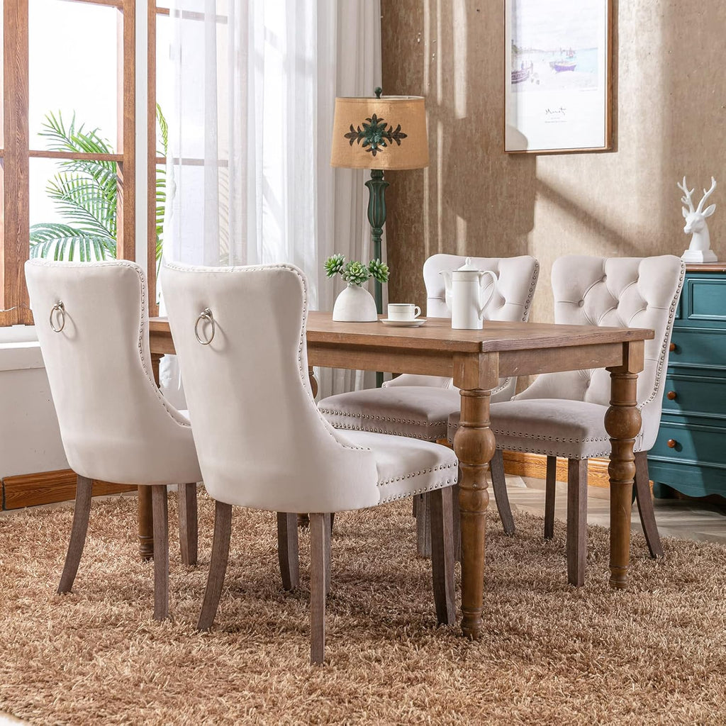 ODUSE-DAILY Beige Velvet Dining Chairs Set of 4, Kitchen & Dining Room Chairs, Fabric Tufted Dinning, Velvet Upholstered, High Wing Back, Pull Ring, Wood Frame, Mid Century Modern, Sillas de Comedor