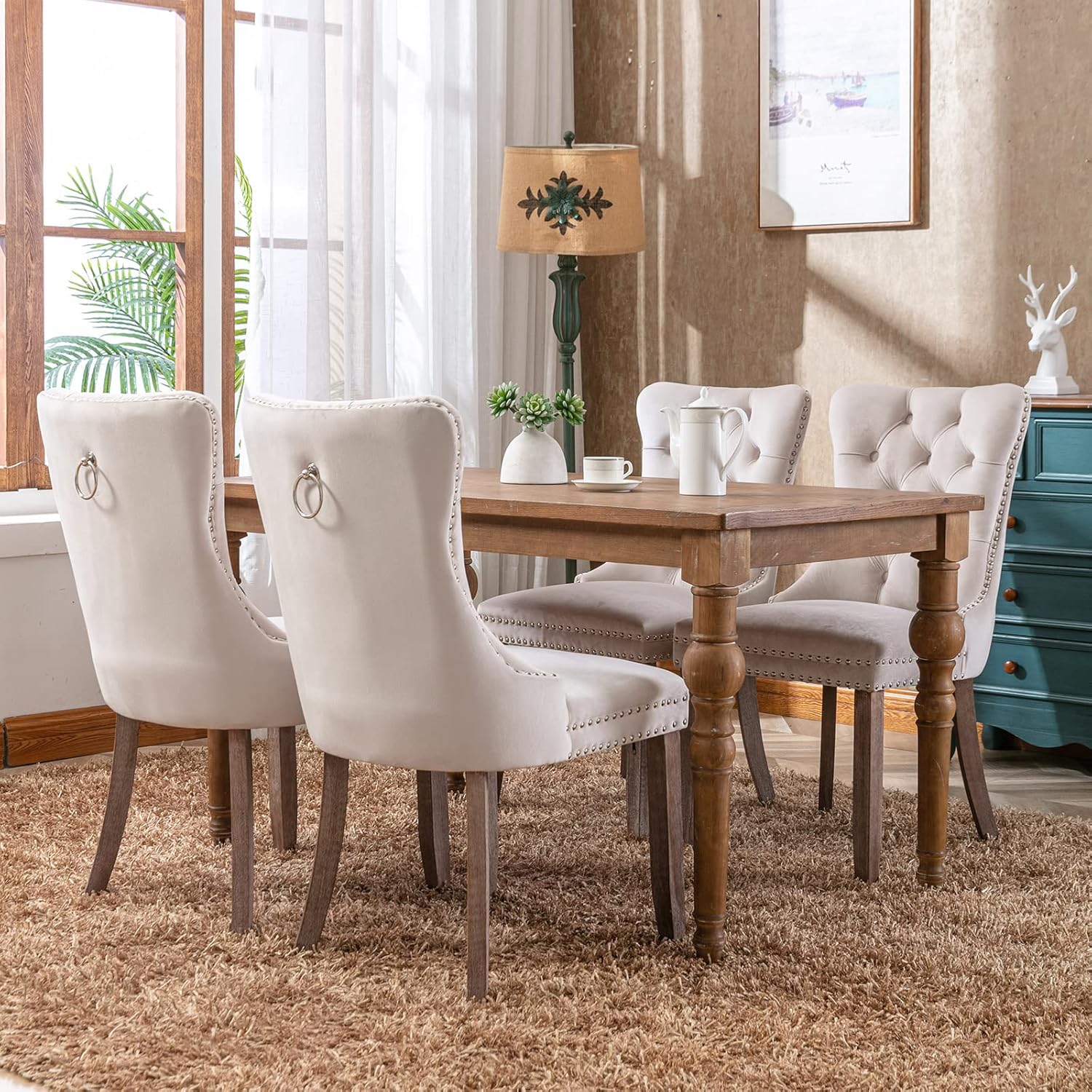 ODUSE-DAILY Beige Velvet Dining Chairs Set of 4, Kitchen & Dining Room Chairs, Fabric Tufted Dinning, Velvet Upholstered, High Wing Back, Pull Ring, Wood Frame, Mid Century Modern, Sillas de Comedor