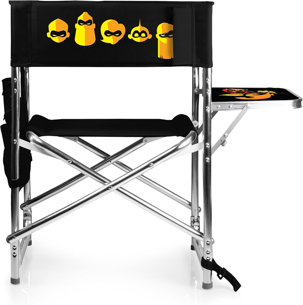 Picnic TIME Disney The Incredibles Sports Chair with Side Table, Folding Beach and Camp Chair, Portable Outdoor Chair with Carry Strap and Storage Pockets, (Black)