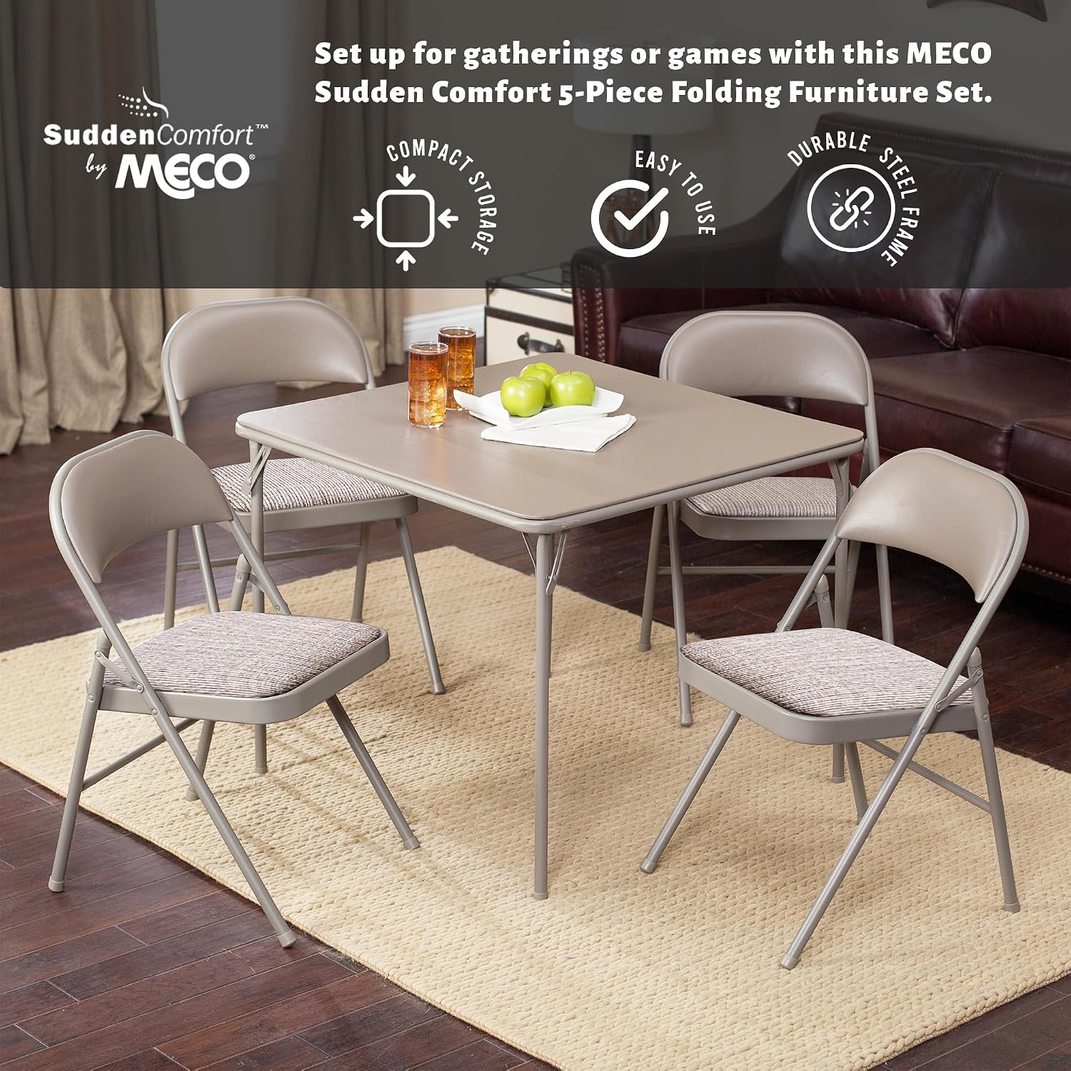 MECO Sudden Comfort 5 Piece 34 x 34 Inch Square Folding Dining Card Table with 4 Padded Folding Chairs Furniture Set for Gatherings and Games, Tan
