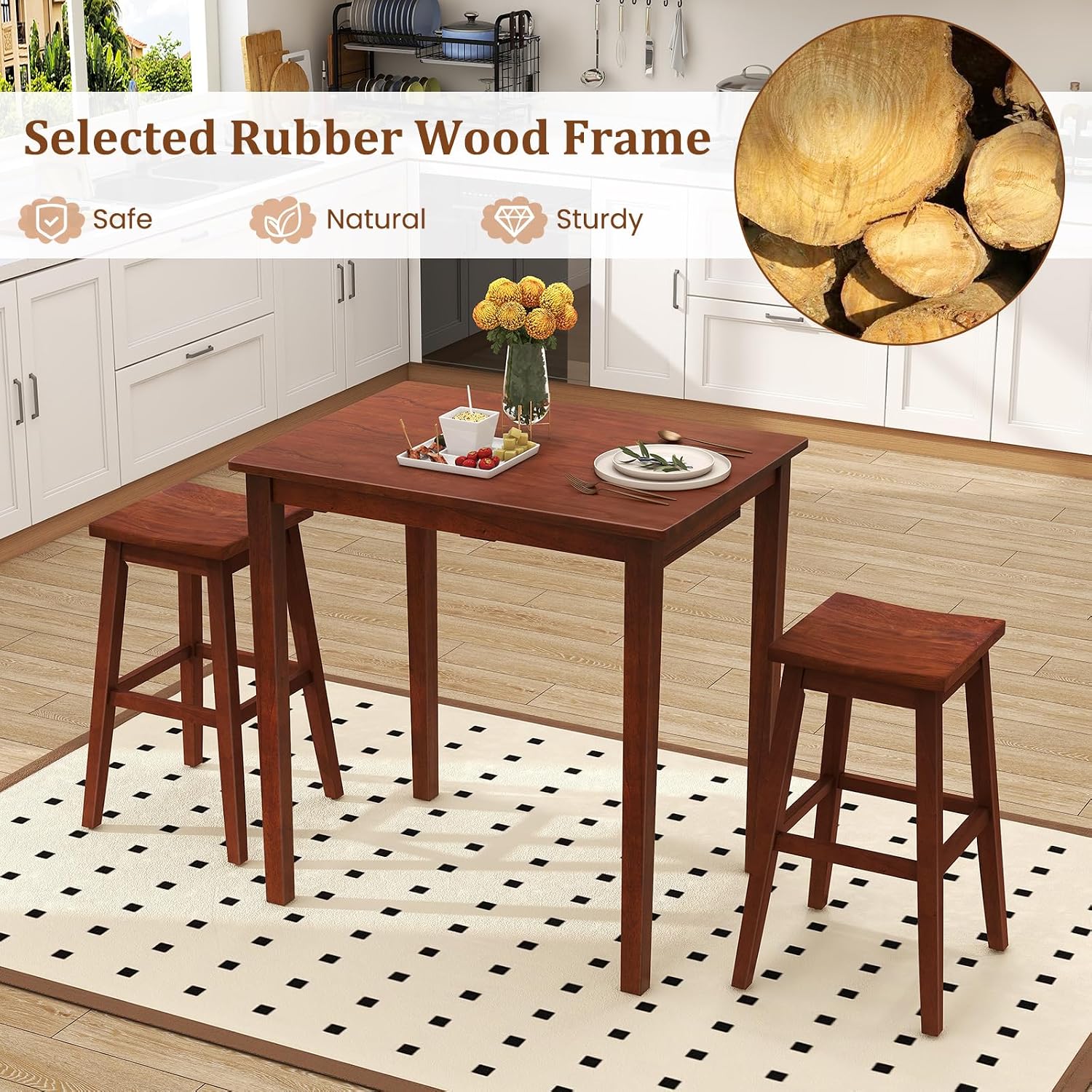 Giantex Bar Table and Chairs Set - 3-Piece Counter Height Dining Table Set with Hangable Bar Stools, Wood Veneered Tabletop, Rubber Wood Legs, Space Saving Dinette Set, Breakfast Nook Table Set, Brown