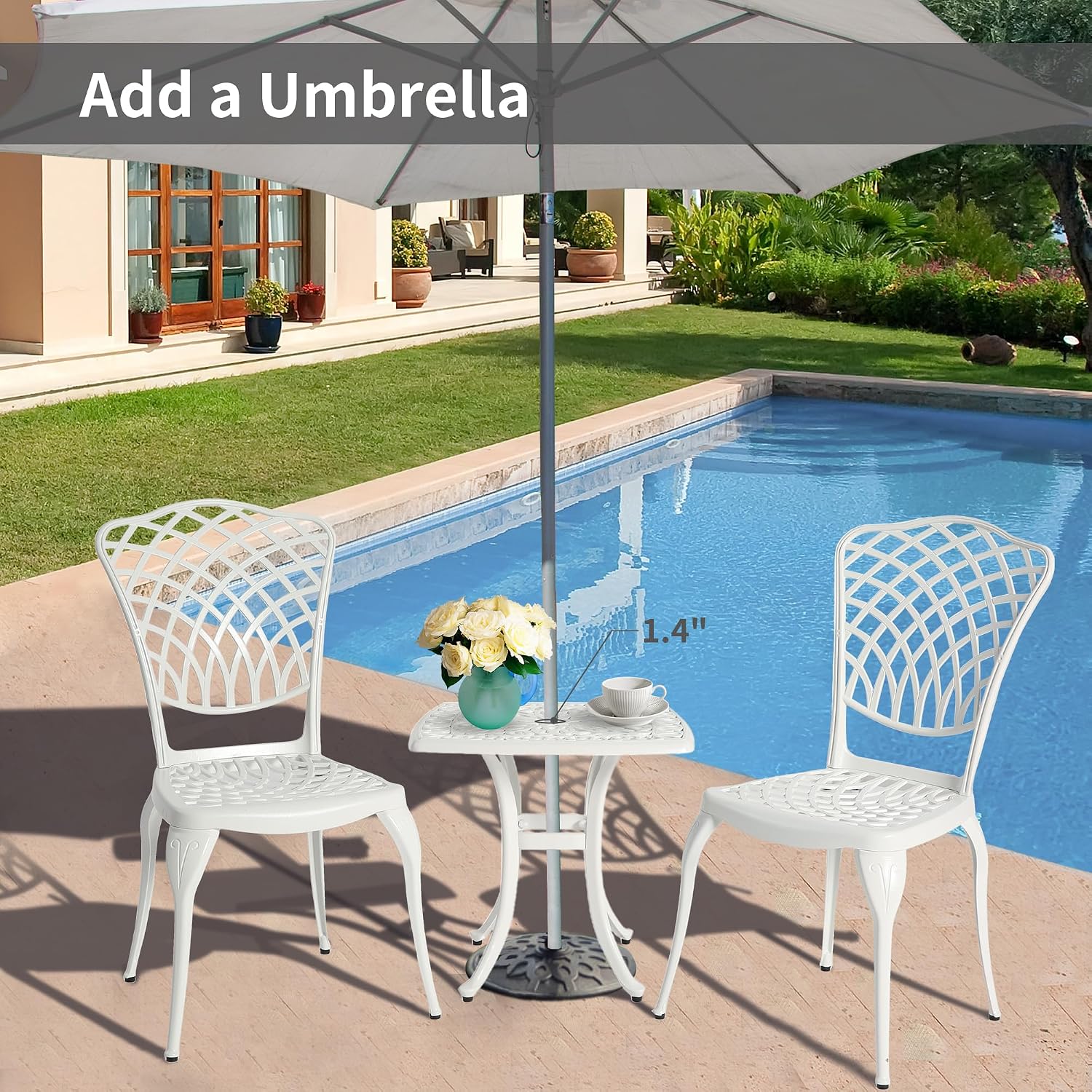 HOMEFUN Thickened Heavy-Duty Cast Aluminum Bistro Set of 2 Outdoor 3 Piece Patio Set with Padded Cushion, Ultra Sturdy Rustproof All-Weather for Garden Balcony, White