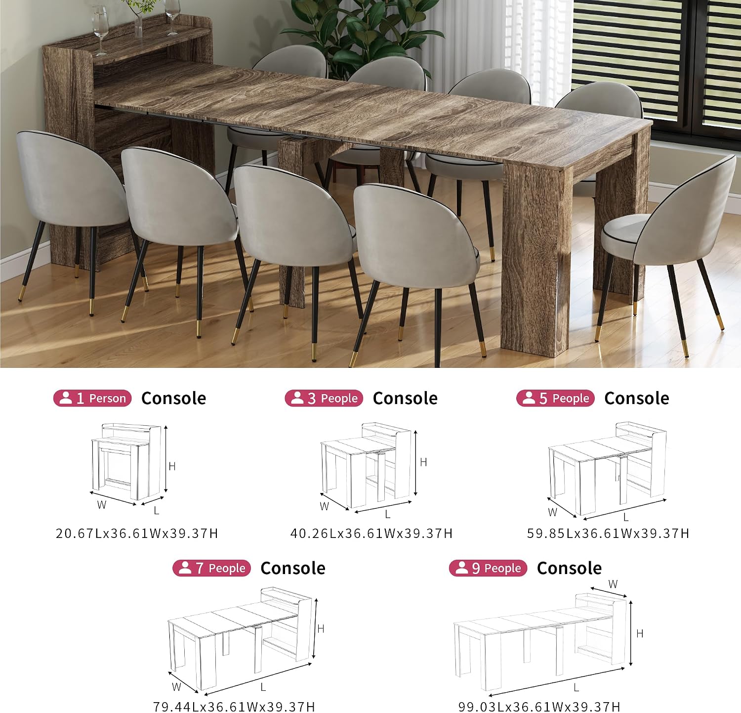 Transformer Folding Console Table for 2-9 People, Extendable Dining Table, Space Saving Dining Room Table for Apartments & Homes, Grey