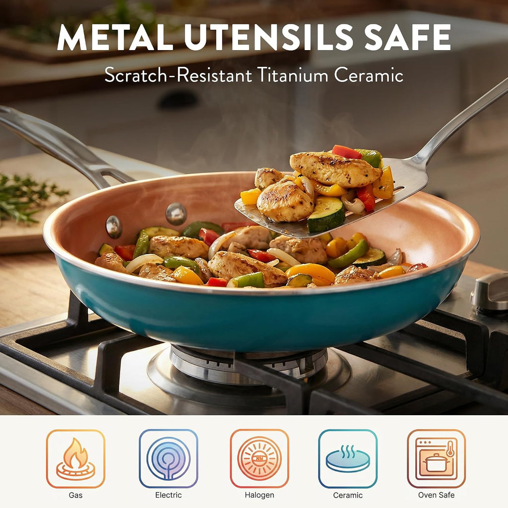 GOTHAM STEEL 20 Piece Copper Pots and Pans Set Nonstick Cookware & Ceramic Bakeware Set, PFOA PFOS Free, Dishwasher/Oven Safe to 500°F, Non Toxic, Metal Utensil Safe – Turquoise