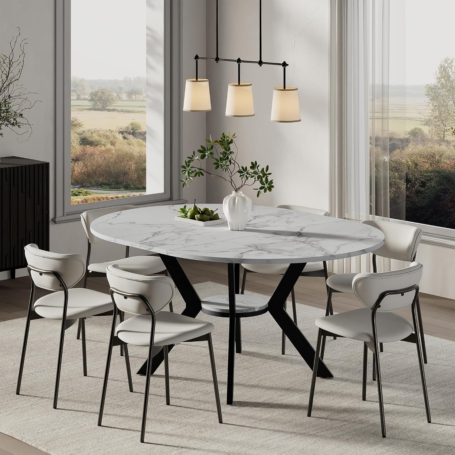 42'-58' Round Extendable Dining Table for 4-6, Kitchen Oval Table with Hidden Leaves & Storage Shelf, Space Saving Modern Design with Sturdy Metal Legs for Kitchen, Dining Room & Small Apartments
