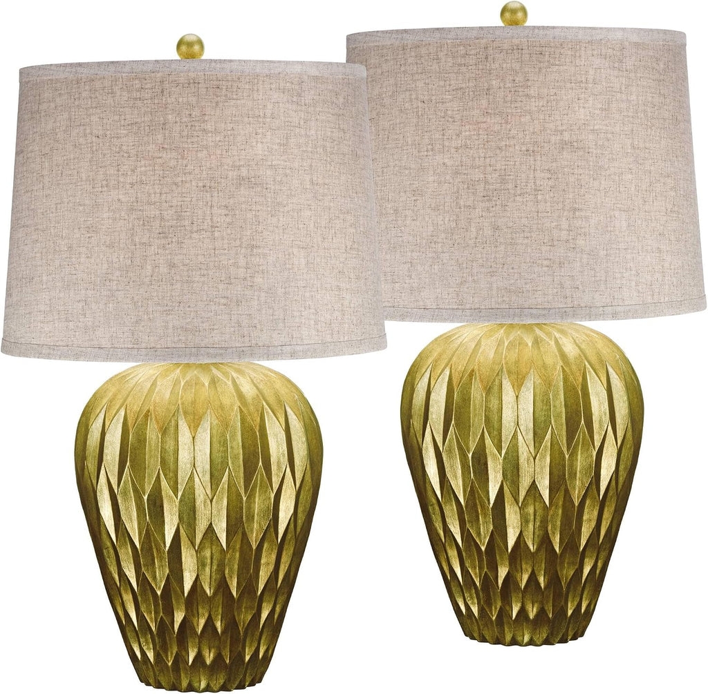 Possini Euro Design Buckhead 28' Tall Urn Modern Table Lamps Set of 2 Brown Bronze Geometric Living Room Bedroom Bedside Nightstand House Office Home Kitchen Entryway Console Family Fabric Shade