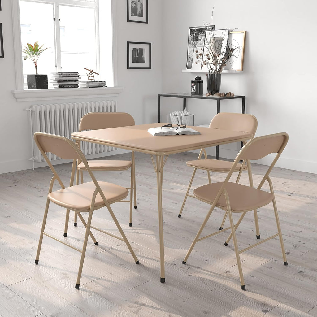 EMMA + OLIVER 5-Piece Multipurpose Folding Card Table and Chairs Set for 4 Players, Padded Top Portable Square Folding Table and Chairs Set, Tan
