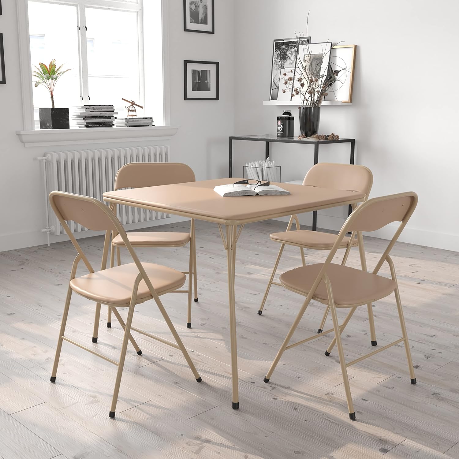 EMMA + OLIVER 5-Piece Multipurpose Folding Card Table and Chairs Set for 4 Players, Padded Top Portable Square Folding Table and Chairs Set, Tan