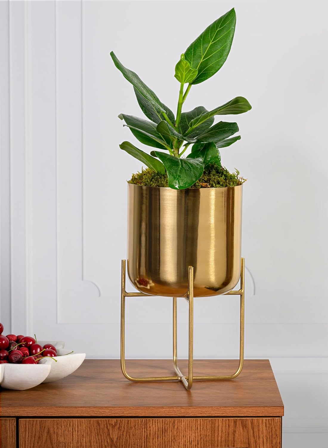 Serene Spaces Living Modern Mid‑Century Metal Indoor Planter with Stand, Gold Planter Pot for Houseplants & Indoor Plants – Living Room, Kitchen & Office, 7.25' Diameter & 13' Tall