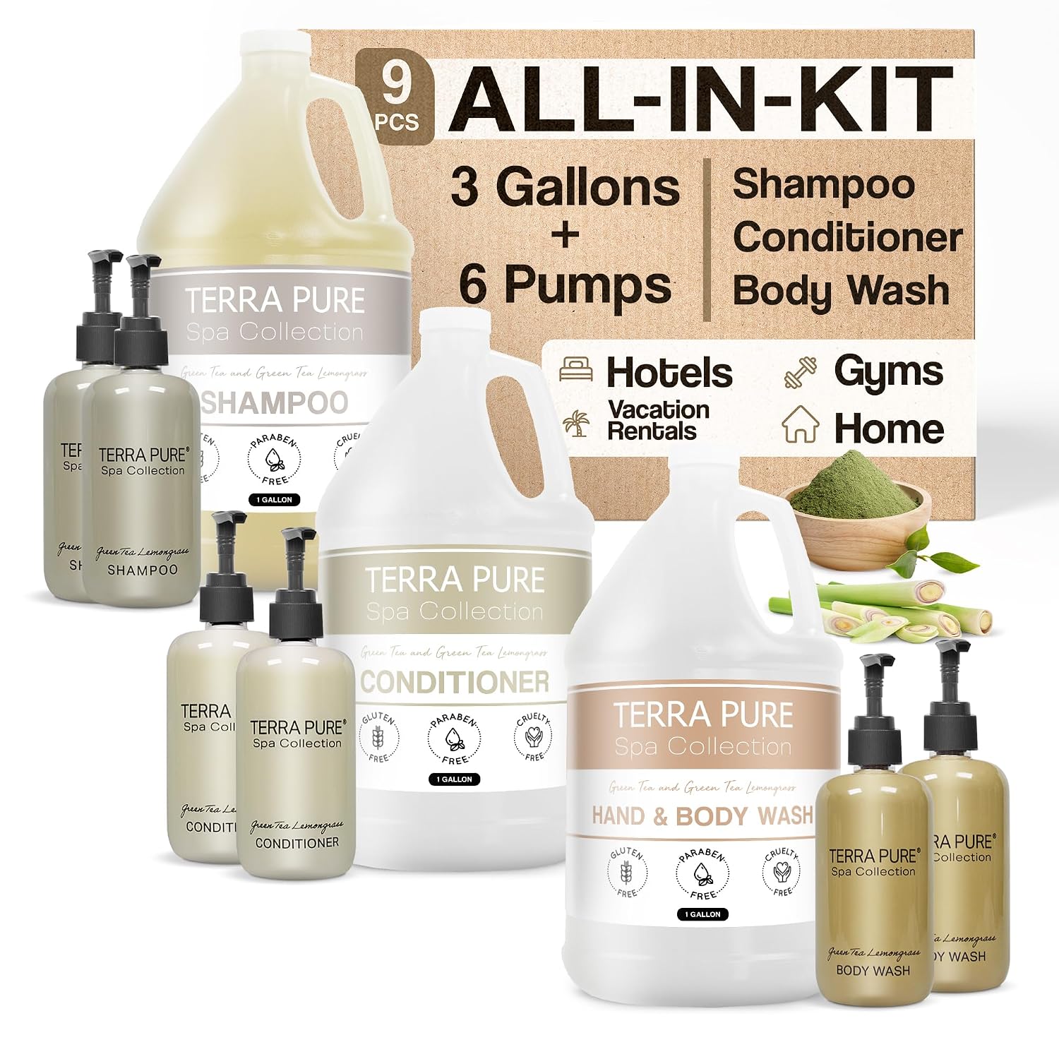Spa Collection Gallon & Dispenser Set | 1-Shoppe Amenities Kit | Shampoo, Conditioner, Body Wash | Refillable 10.14 oz Pump Bottles