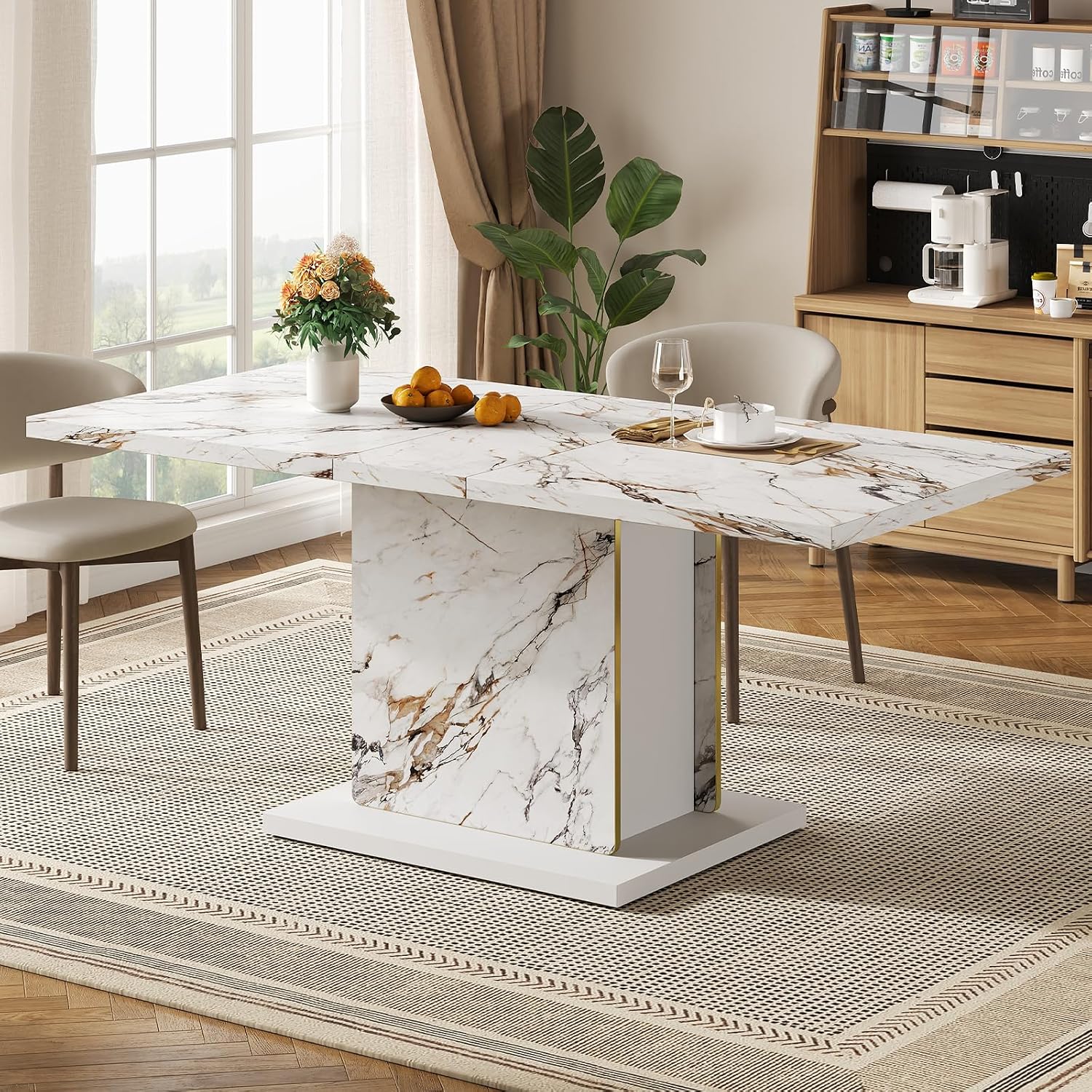 HOMISSUE 70' Faux Marble Dinner Table，Rectangle Modern White Dining Table for 6-8 People，Large Kitchen Furniture Table with Sturdy Base for Dining Room, Living Room, White