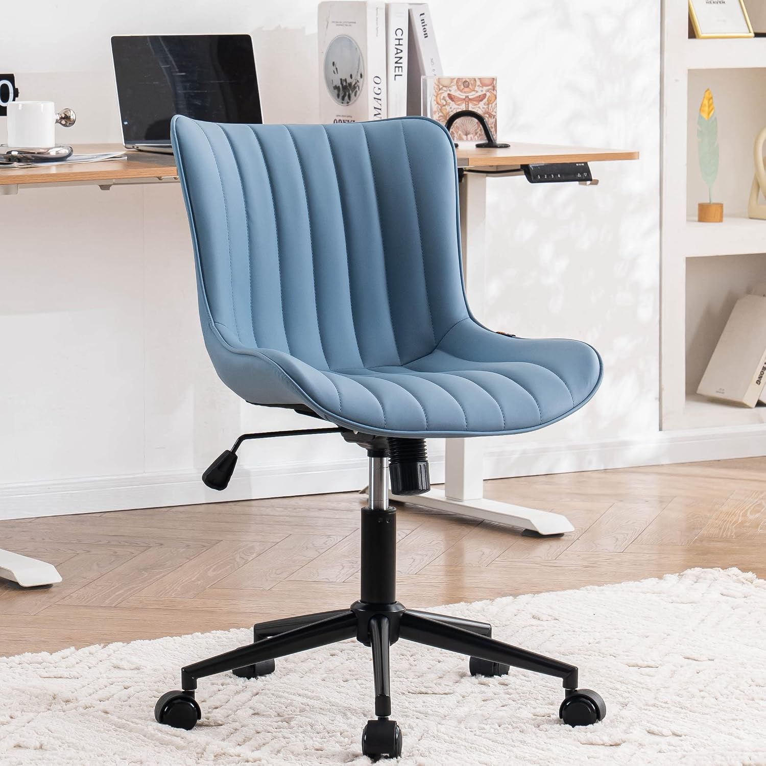 YOUNIKE Blue Office Desk Chair with Wheels Comfy Armless Vanity Chair with Back Modern Small Faux Leather Upholstered Rolling Task Chair Cute Computer Drafting Sewing Chair Swivel Adjustable Compact