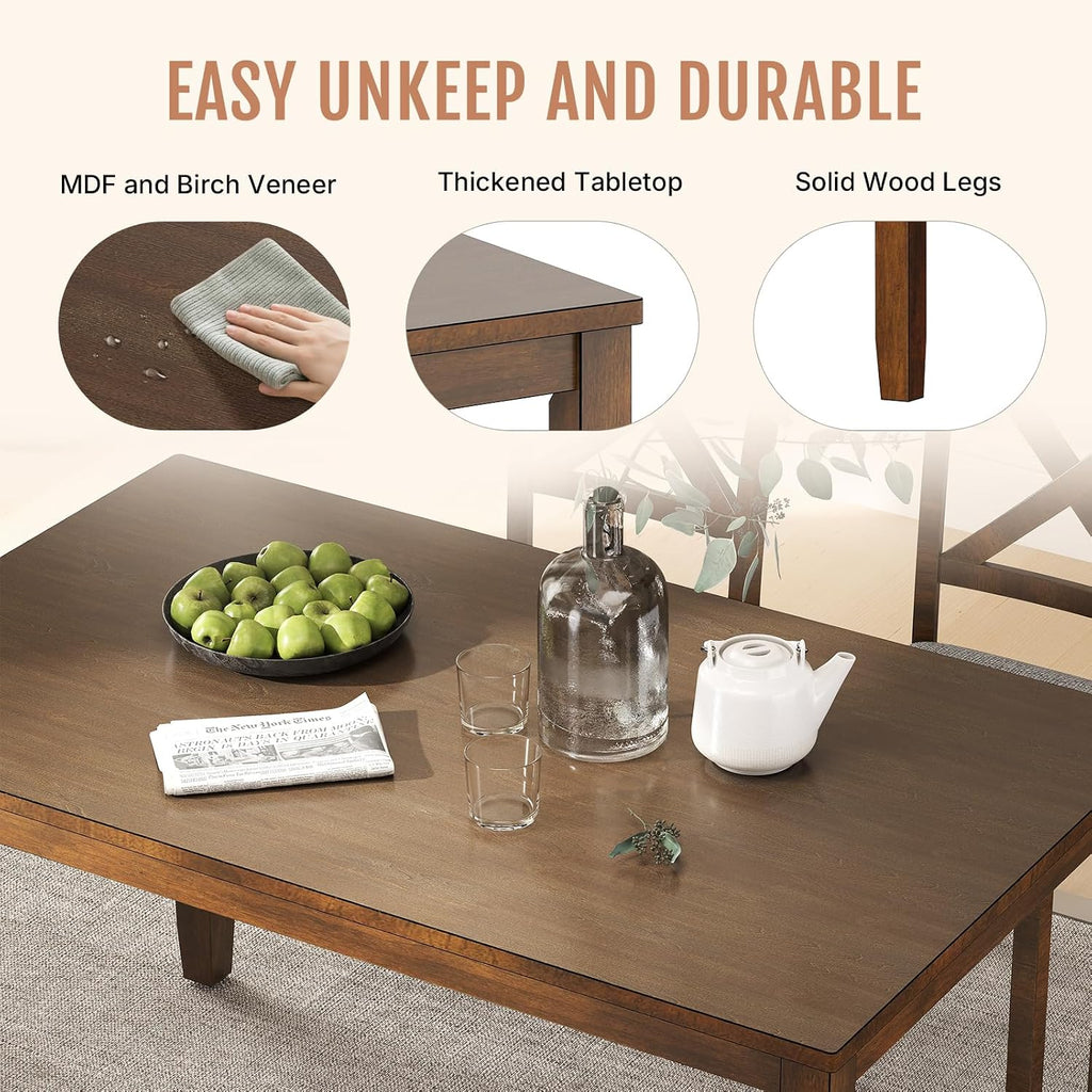 Zevemomo 6-Piece Wooden Dining Table Set, Dining Table Set for 6, Including 1 Dining Table, 4 Upholstered Chairs and 1 Bench, Wooden Legs Dining Table, Table Set for Dining Room & Kitchen, Walnut