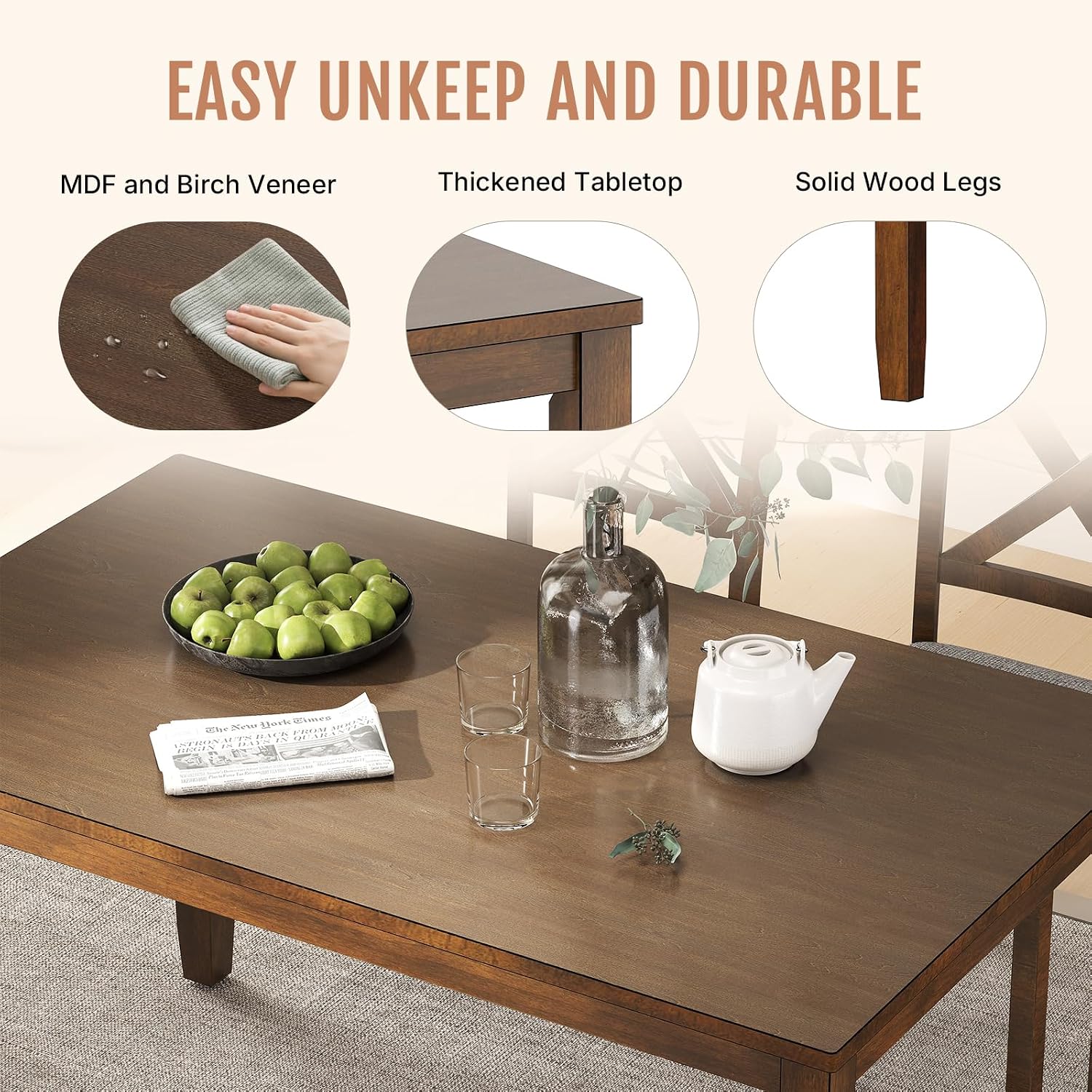 Zevemomo 6-Piece Wooden Dining Table Set, Dining Table Set for 6, Including 1 Dining Table, 4 Upholstered Chairs and 1 Bench, Wooden Legs Dining Table, Table Set for Dining Room & Kitchen, Walnut