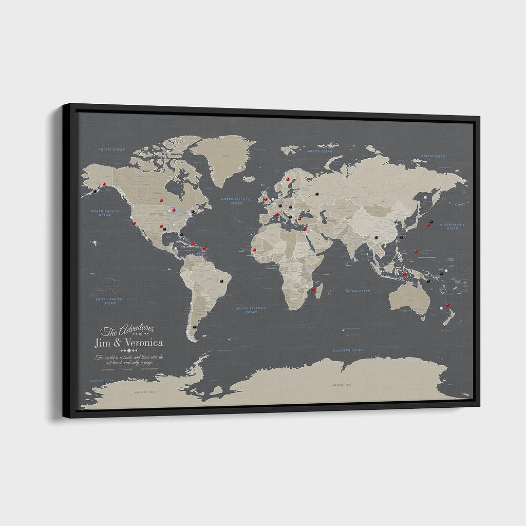 Earth Tone World Map with Pins – Personalized Canvas Push Pin Map – Framed World Travel Wall Decor – Black Float Frame – 24' x 36'