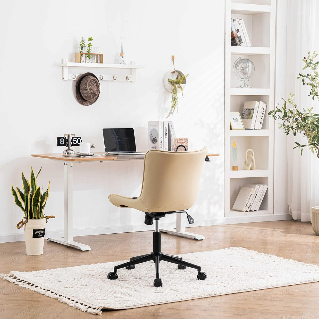 YOUNIKE Ergonomic Home Office Desk Chair with Wheels Comfy Armless Criss Cross Chair with Adjustable Back Modern Leather Upholstered Swivel Vanity Chair Small Cute Rolling Task Chair for Women Beige