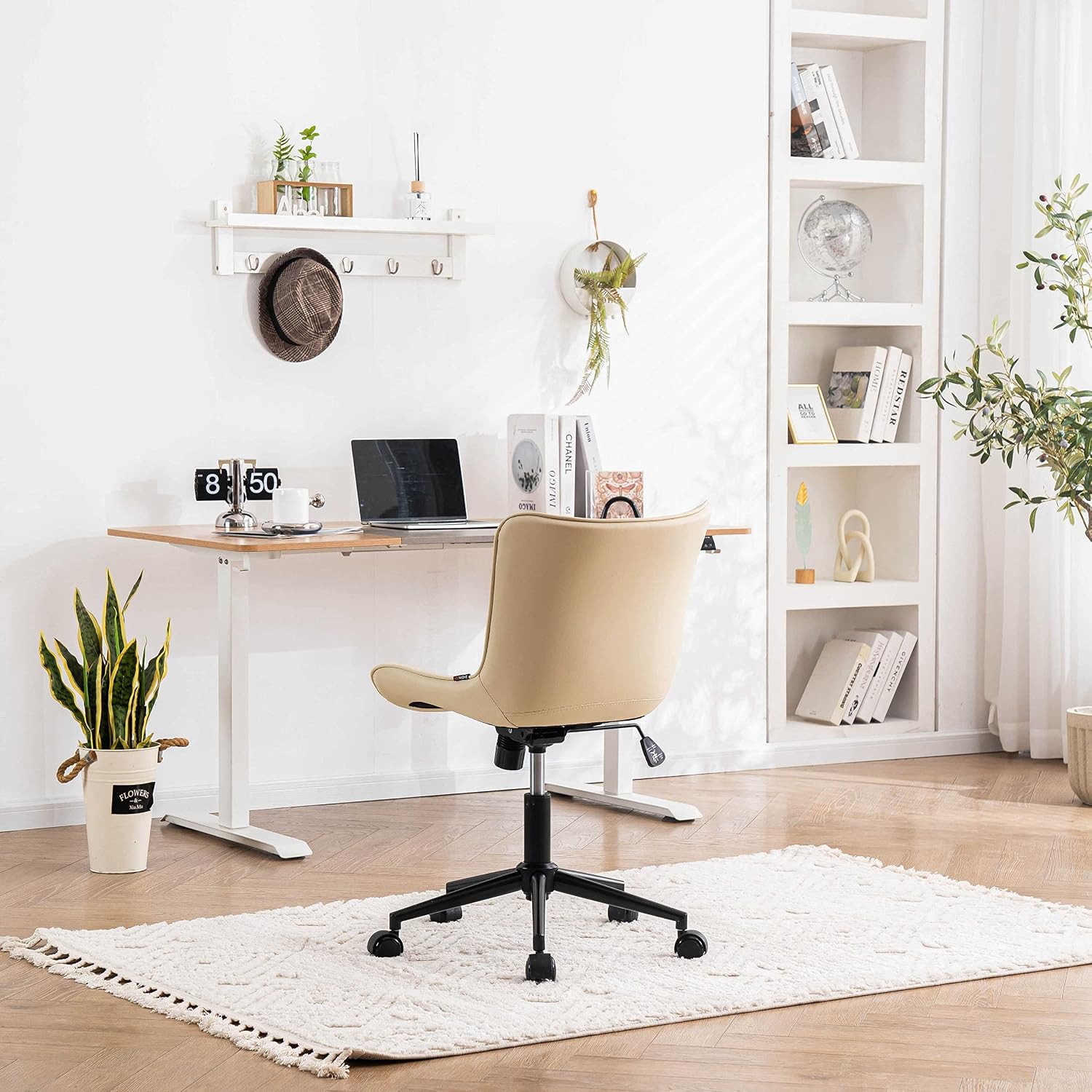 YOUNIKE Ergonomic Home Office Desk Chair with Wheels Comfy Armless Criss Cross Chair with Adjustable Back Modern Leather Upholstered Swivel Vanity Chair Small Cute Rolling Task Chair for Women Beige